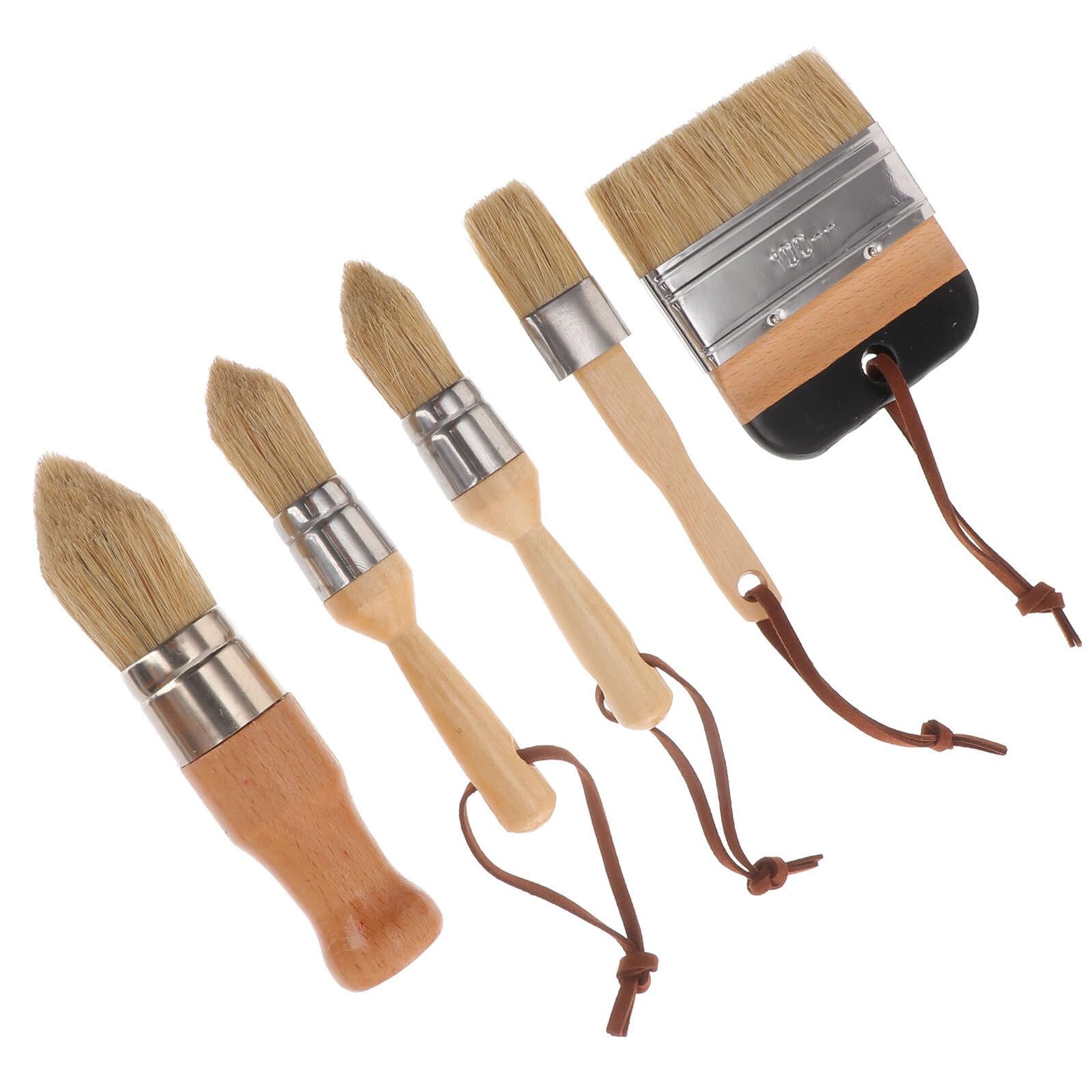 Set de Pinceaux Peinture Ronde en Poils de Sanglier Lot de 5 Manches en Bois et Alliage D'aluminium, Efficaces et Résistants pour Peinture Murs et Meubles