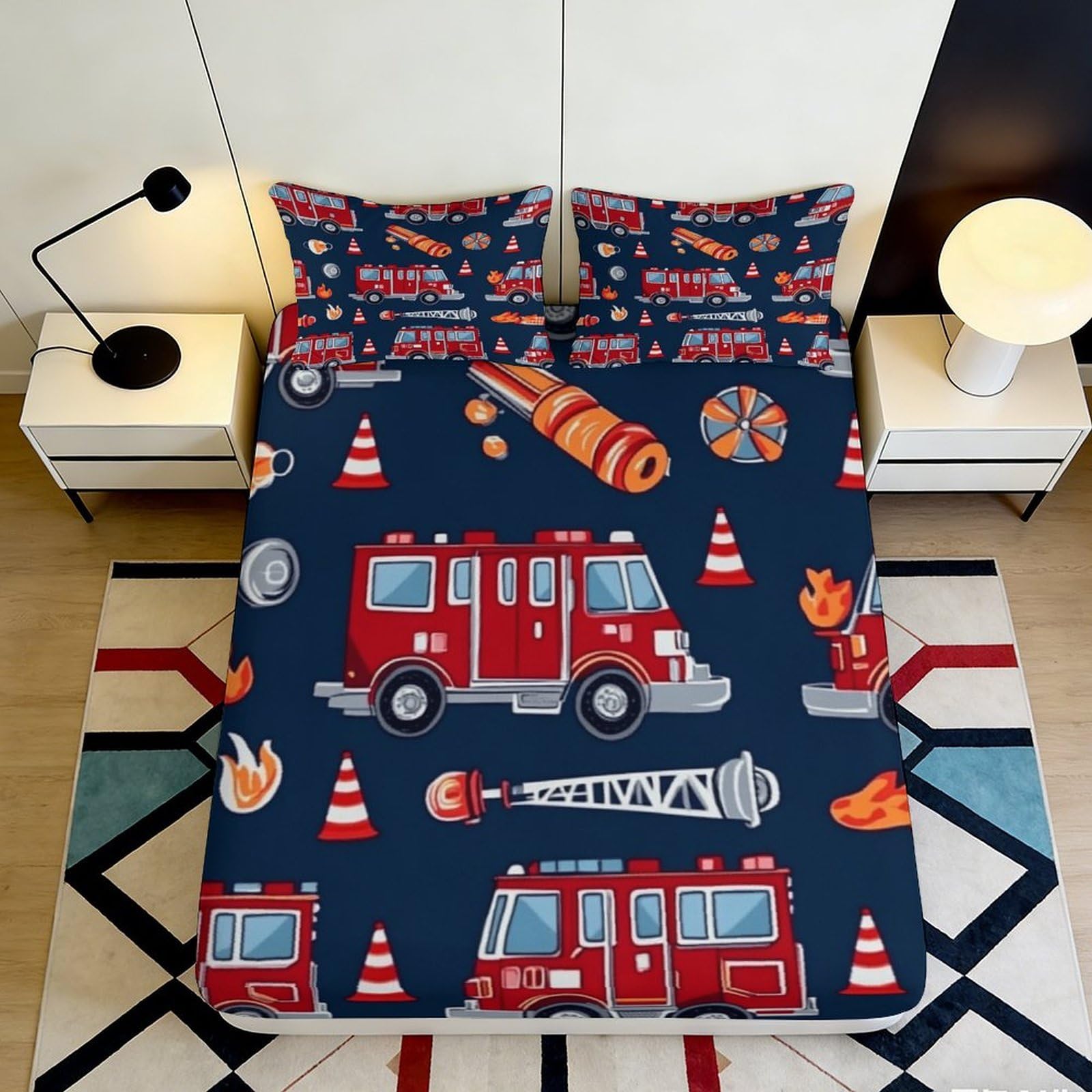 Jqzkxnhpbr Style-5 3D Printed Fire Truck Fitted Sheet Microfiber Anti-Slip Decor Flame Cone Bed Cover For Bedroom Guest Room Dorm Protection 90X200x25cm