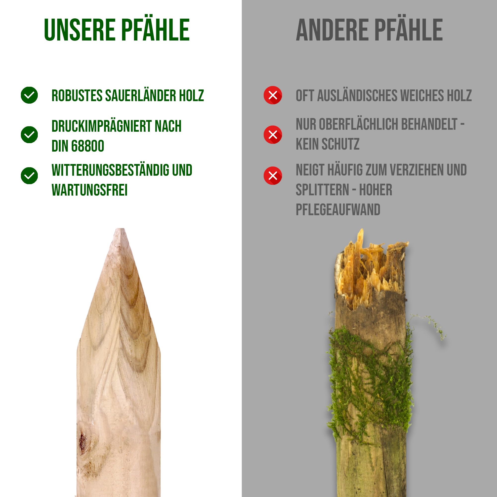 10 Stück Zaunpfähle Holz Ø 4 cm – KDI Grün imprägnierte Rundpfähle aus Sauerländer Holz – angespitzte Baumpfähle in verschiedenen Längen für Garten, Weide & Landschaftsbau (125 cm Länge)