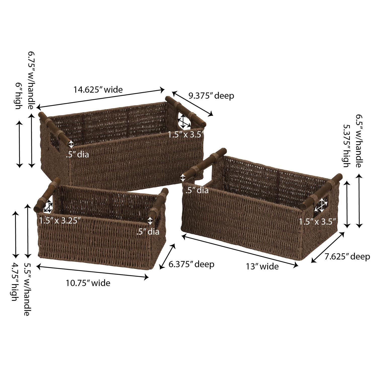 Household Essentials Cesta Set, Cuerda de Papel, de Madera con Asas, Juego de 3