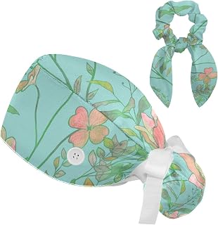 FVQL 2 Pieces Surgical Cap for Long Hair Scrub Cap with Hairband Nurse Cap, Watercolor Floral Pattern
