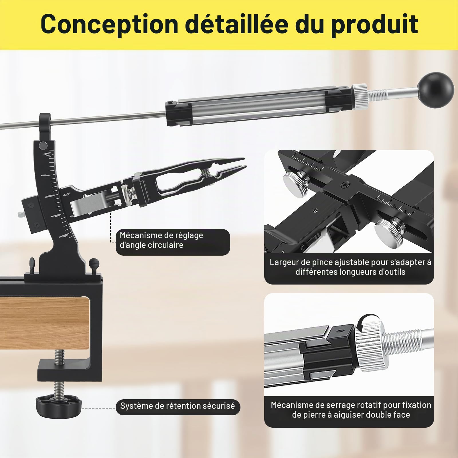Affûteur de Couteaux Manuel Professionnel en Aluminium CNC, Système de Pierres avec Pince Double Face 360°, 6 Pierres (240-8000) et Fixation Établi Stable