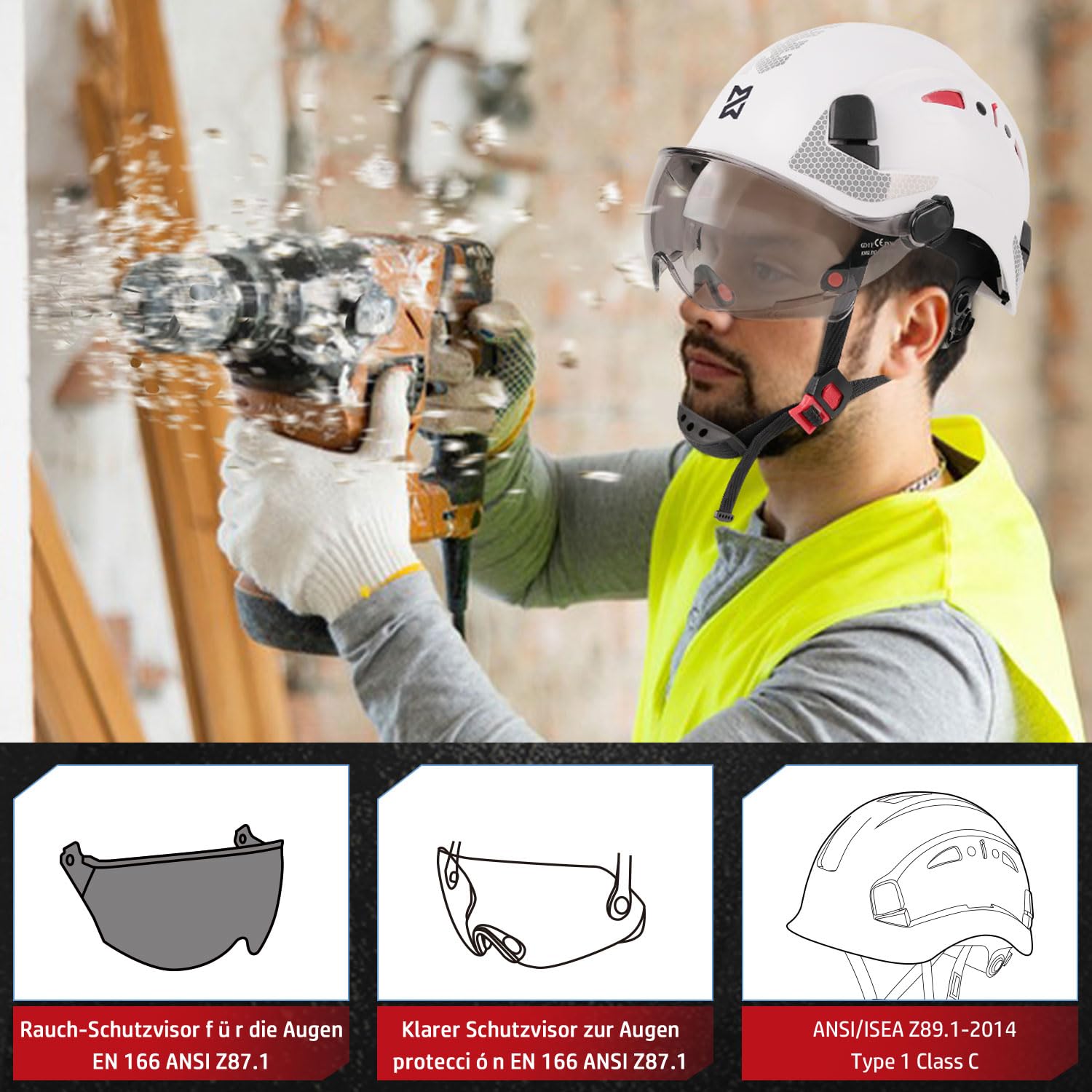 HEARMOR Sicherheitshelm EN397 Geprüft Hochfestes ABS-Material, Doppelvisier für schnelle Hell/Dunkel-Szenenwechsel, Leicht Ideal für Industrie, Baugewerbe Arbeitshelm, Schutzausrüstung