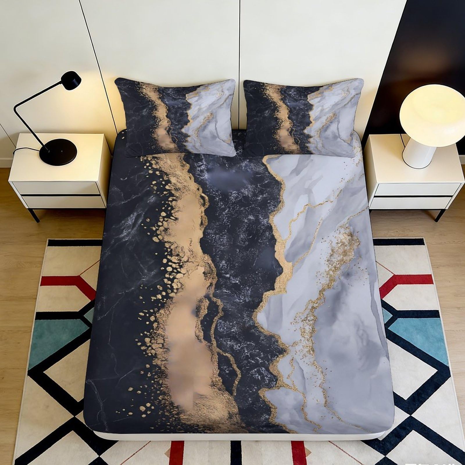 3D Printed Abstract Marble Fitted Sheet Microfiber Soft Black Gold Smoke Mattress Cover for Bedroom Dorm Decor 90x200x25cm