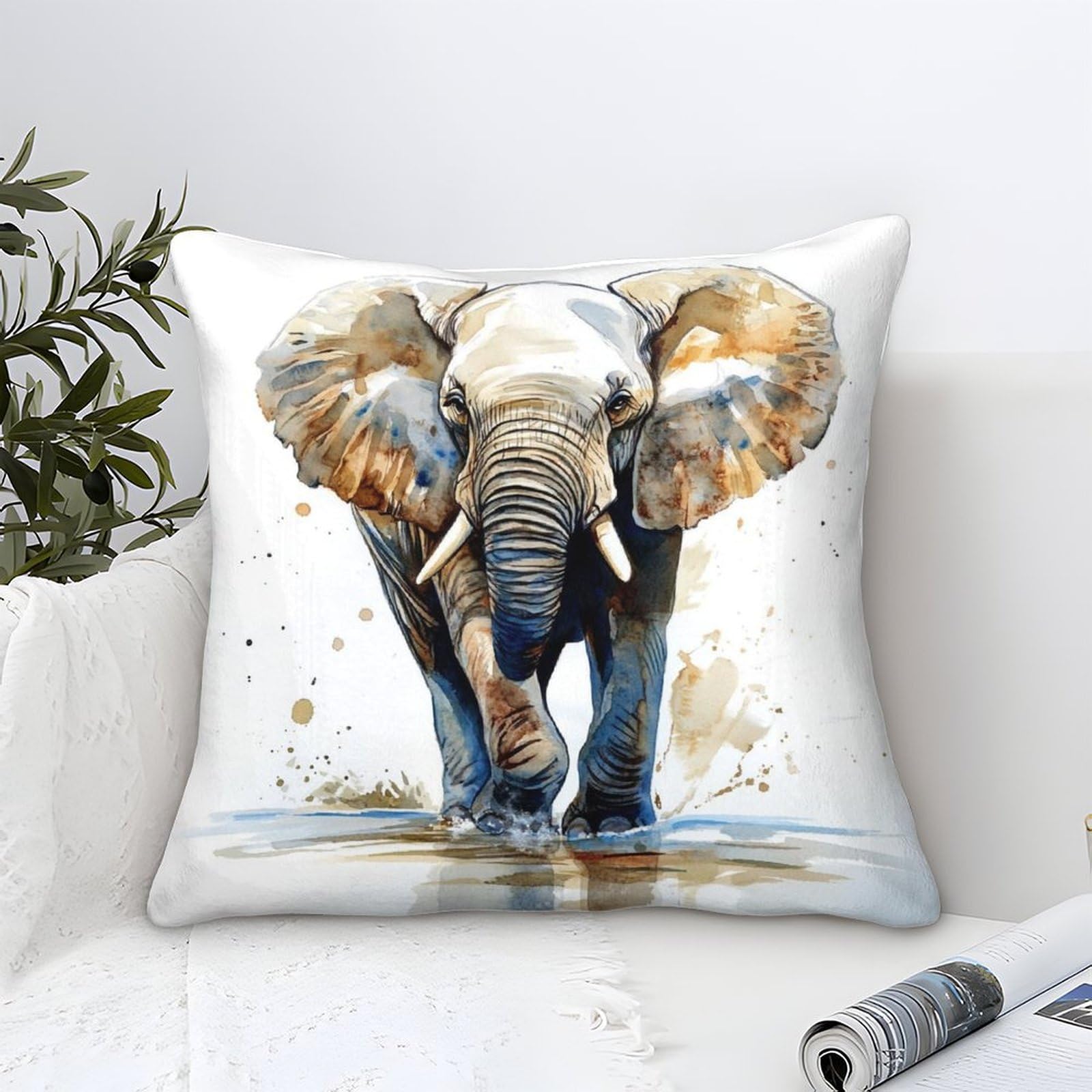 Yyvkpmlxc Style Cushion Cover Elephant Modern Art Decorative,Watercolor Art Pattern Square Pillow Case Soft Polyester Throw Pillow Cases For Couch Sofa Bedroom Home Decor 45X45cm
