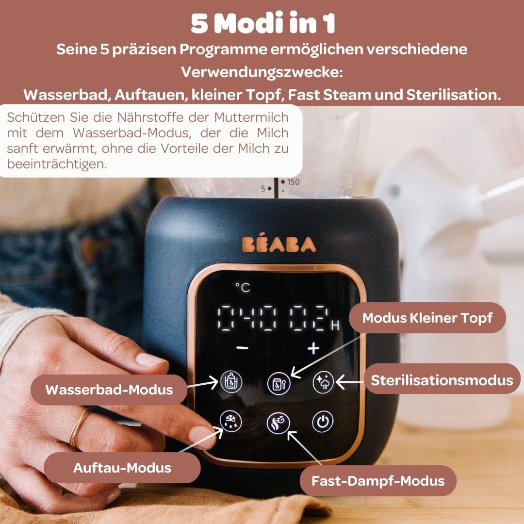 BÉABA, Flaschenwärmer/Sterilisator, Muttermilch-/Säuglingsmilchwärmer, Multifunktional: 5 Modi, Wasserbadfunktion, Erwärmen von Gläschen, Auftauen, Schnellmodus, Sterilisationsmodus, Multi Milk