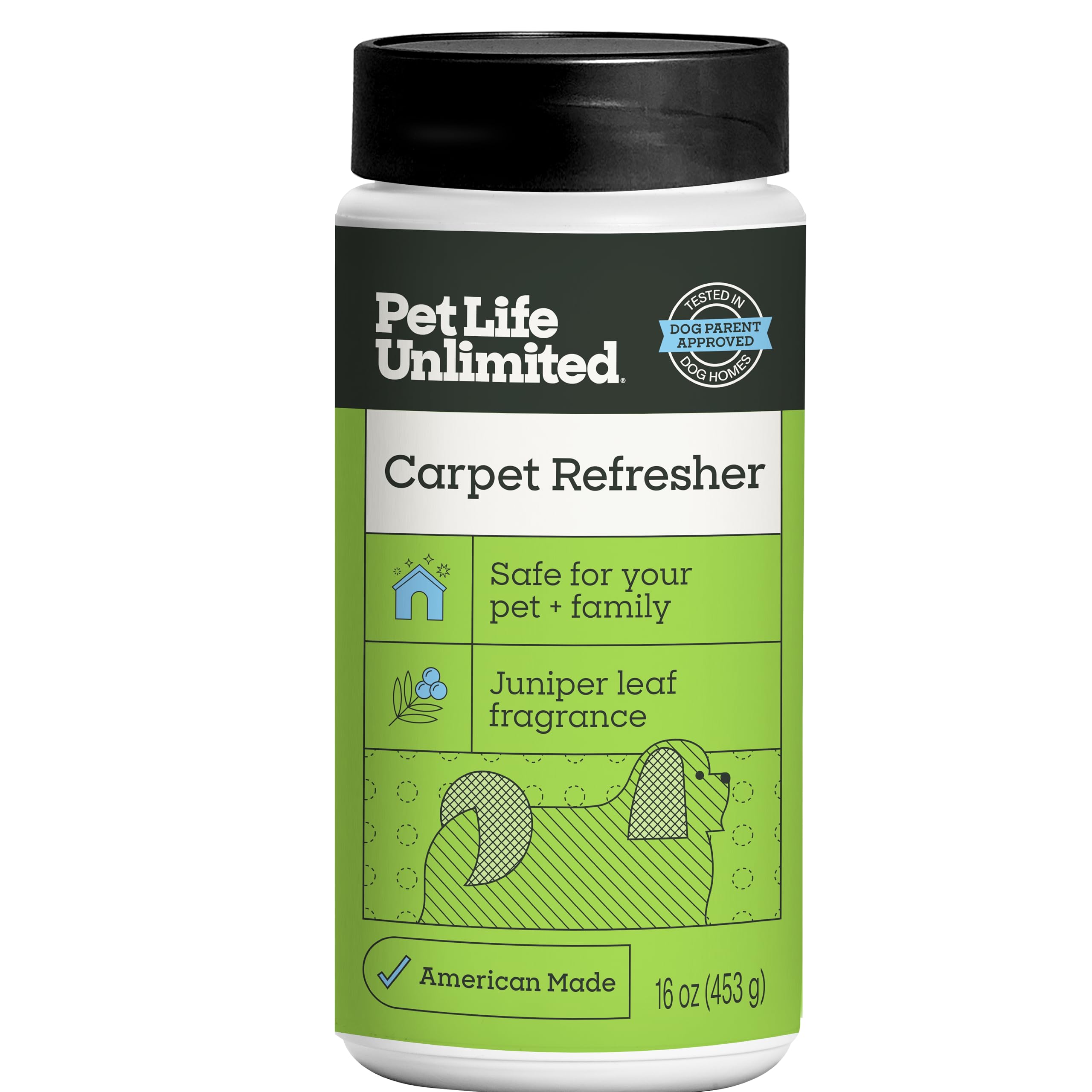Pet Life Unlimited Carpet Deodorizer Powder 16 oz Strong Pet Odor Eliminator Carpet Freshener Plant-Based Juniper Leaf Scent