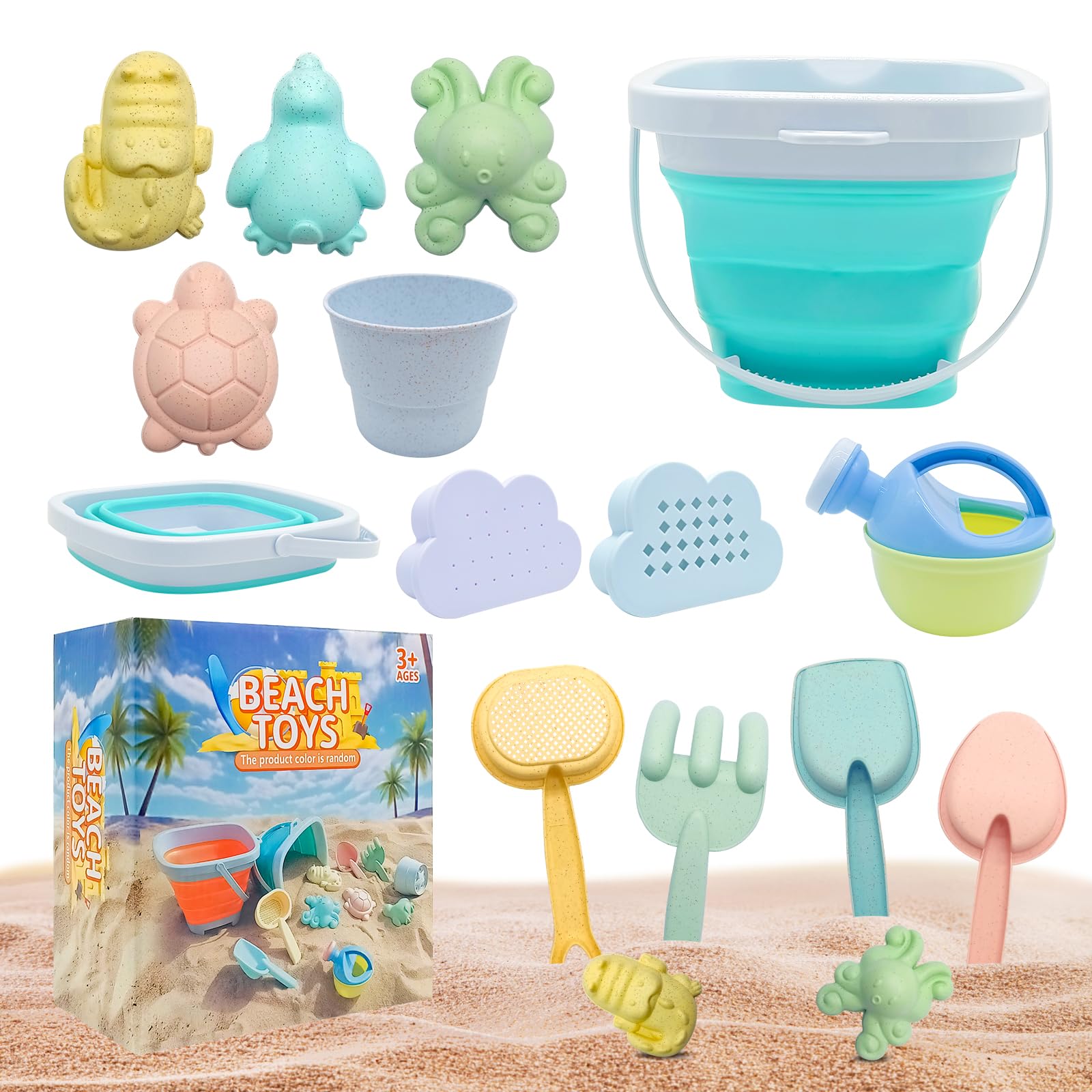 Juguetes Playa Niños con Cubo, 11 Piezas Juego de Juguetes de Playa - Juegos Playa Niños con Cubo Playa Plegable, Bolsa Juguetes Playa Malla, Palas Playa, Rastrillo Moldes de Arena para Niñas Niños