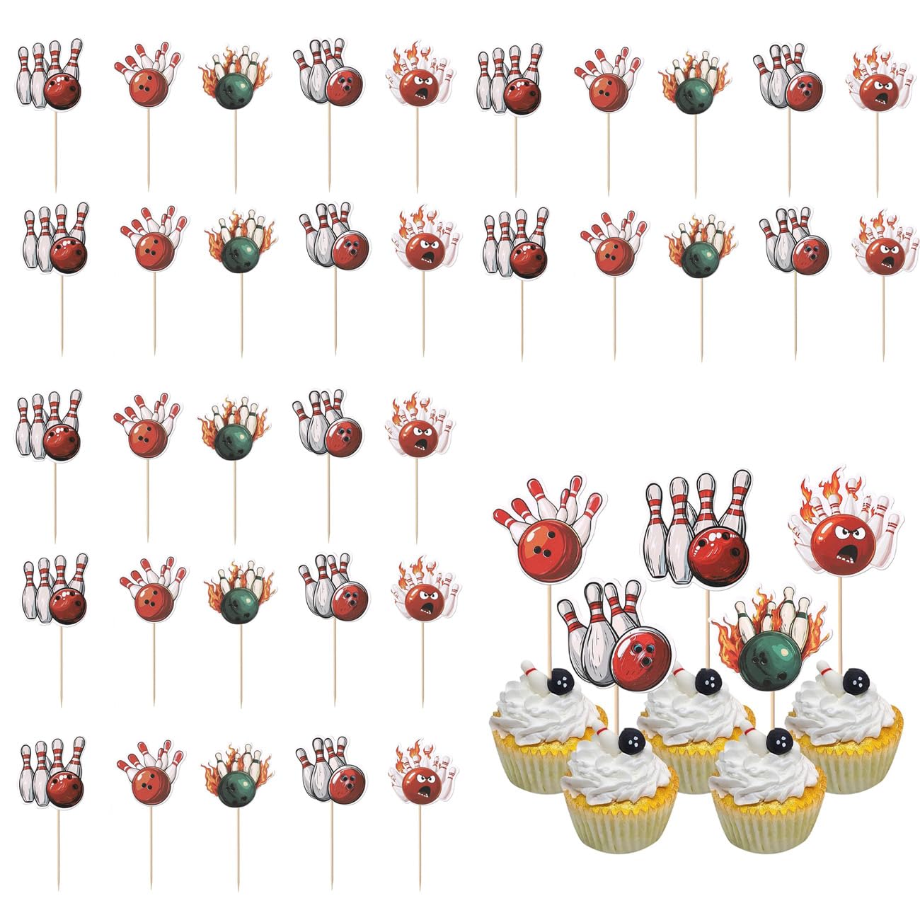 Gaodercha 40Pcs Bowling Sports Theme Cupcake Toppers Bowling Player Birthday Cupcake Picks Birthday Cake Decorations for Bowlings Theme Baby Shower Player Wedding Party Supplies