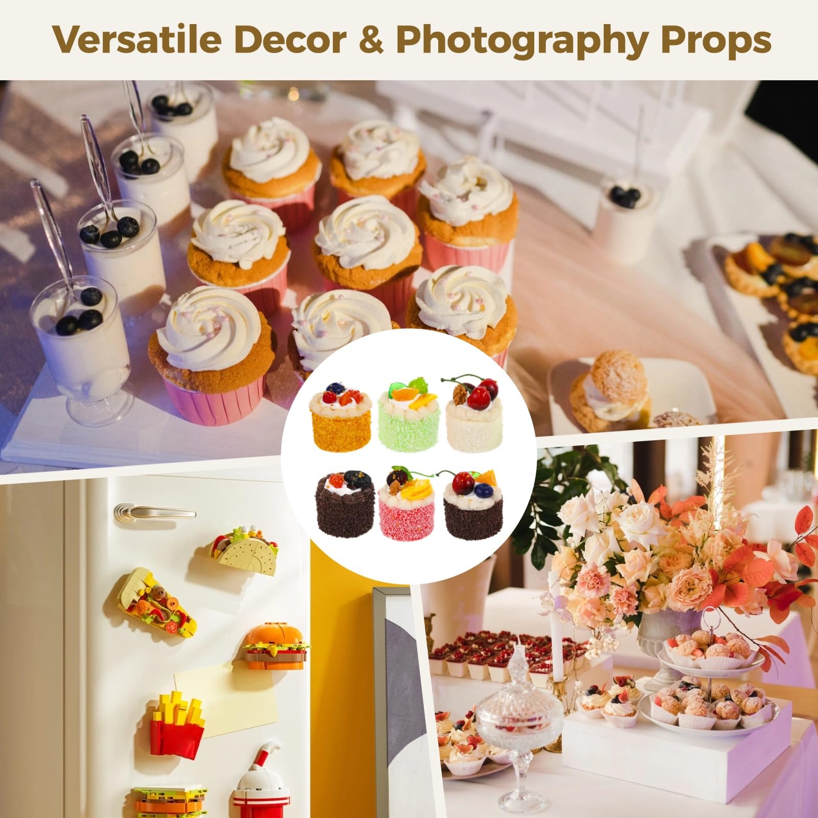 6 cupcake finti in mousse per decorazione e presentazione, modello di torta con decorazione alla frutta, in morbido PU, decorazione per frigorifero e oggetti di scena, per vetrina e tavolo