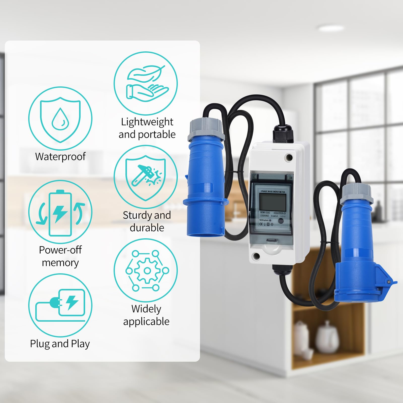 Briidea Mobiele digitale stroommeter van 230 V, IP65 waterdichte outdoor KWH -meter, geeft in real-time het stroomverbruik, de werkelijke prestaties, spanning en stroomsterkte van je apparaten aan