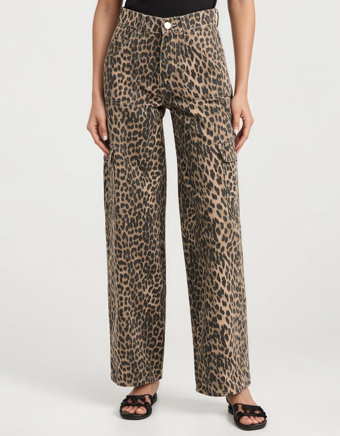 Kedera Womens Leopard Cargo Pants Straight Leg Cheetah Print Jeans Wide Leg Y2K Barrel Baggy Boyfriend Jeans with Pockets - Image 2