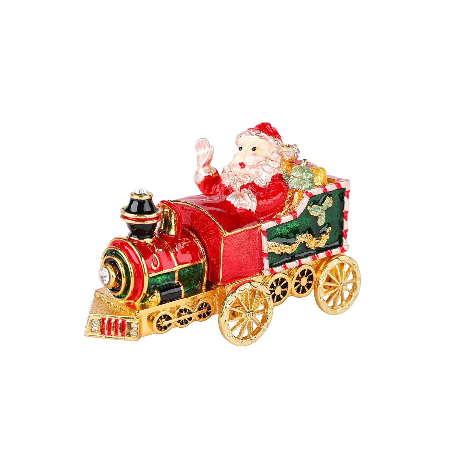 Santa Claus Steam Train Jewelry Trinket Box Hinged Enameled Hand-Painted Ornaments Christmas Gift for Home Decor (Red)