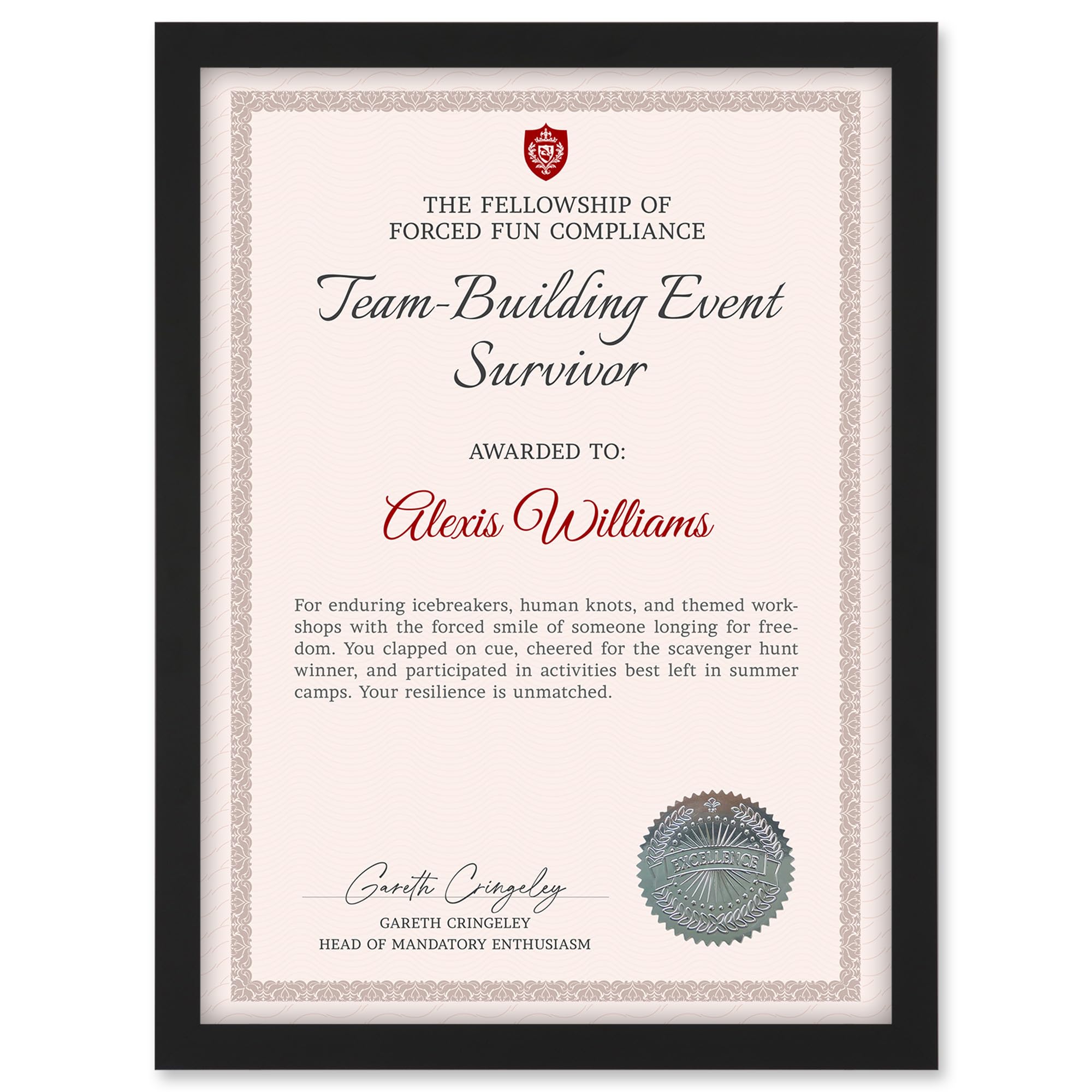 Artery8 Personalised Fun Fake Certificate Team-Building Event Survivor Funny Gag A4 Black Framed Work Office Diploma Novelty Award