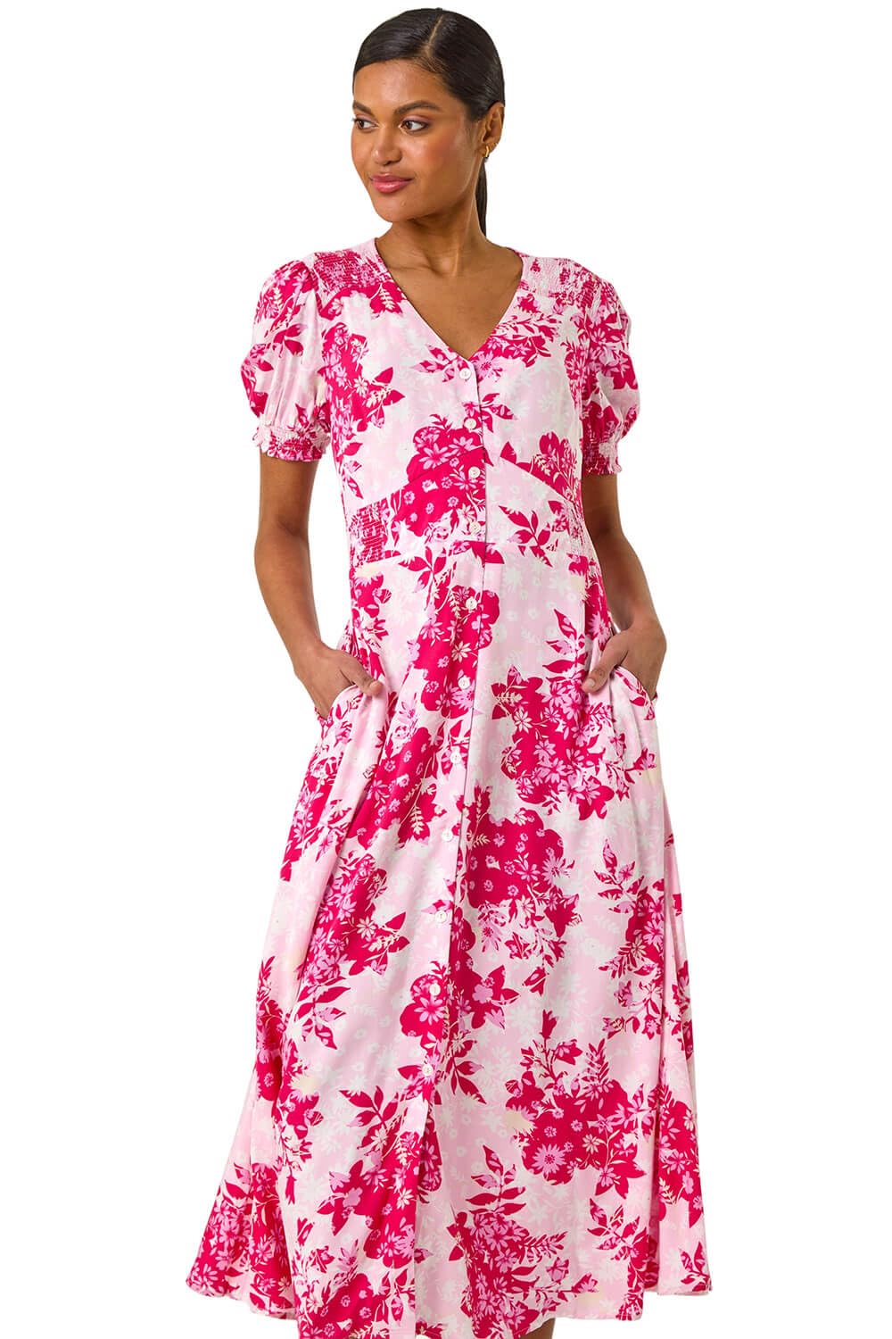 Roman Originals Women's Pink Floral Button Through Dress - Summer Beach Ditsy Spot Midi Maxi Spring Everyday Evening Work Holiday Vacation Short Sleeve Smart Casual