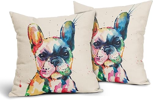 Miniatura 2 de Juego de 2 fundas de almohada de bulldog francés con acuarela, de 16 x 16 pulgadas, diseño de arcoíris, divertido perro, animal, para cachorro,