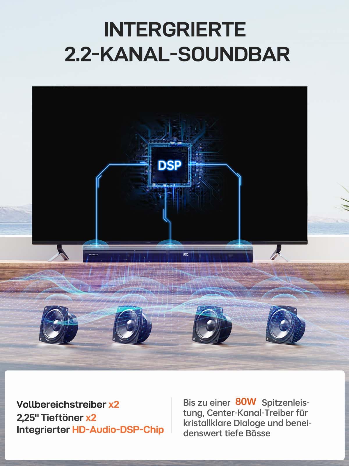 Barre De Son MEVOSTO 2.2CH - Détachable - Double Caisson Intégré - HD-ARC/Optique/BT - Pour TV/PC