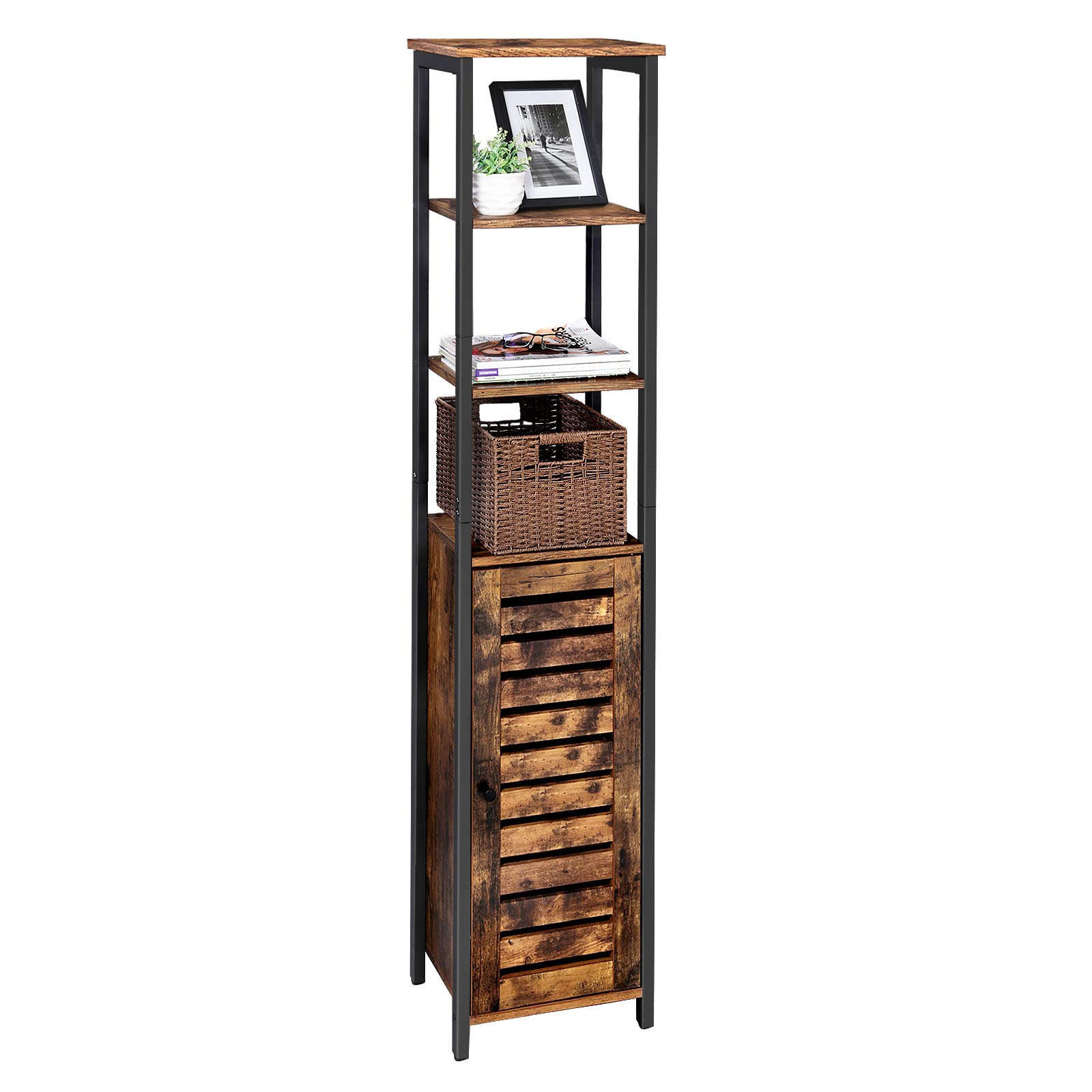 VASAGLE Hochschrank, schmaler Küchenschrank, 3 offene und 2 versteckte Ablagen, Badezimmerschrank, 37 x 30 x 167 cm, vintagebraun-schwarz LSC37BX