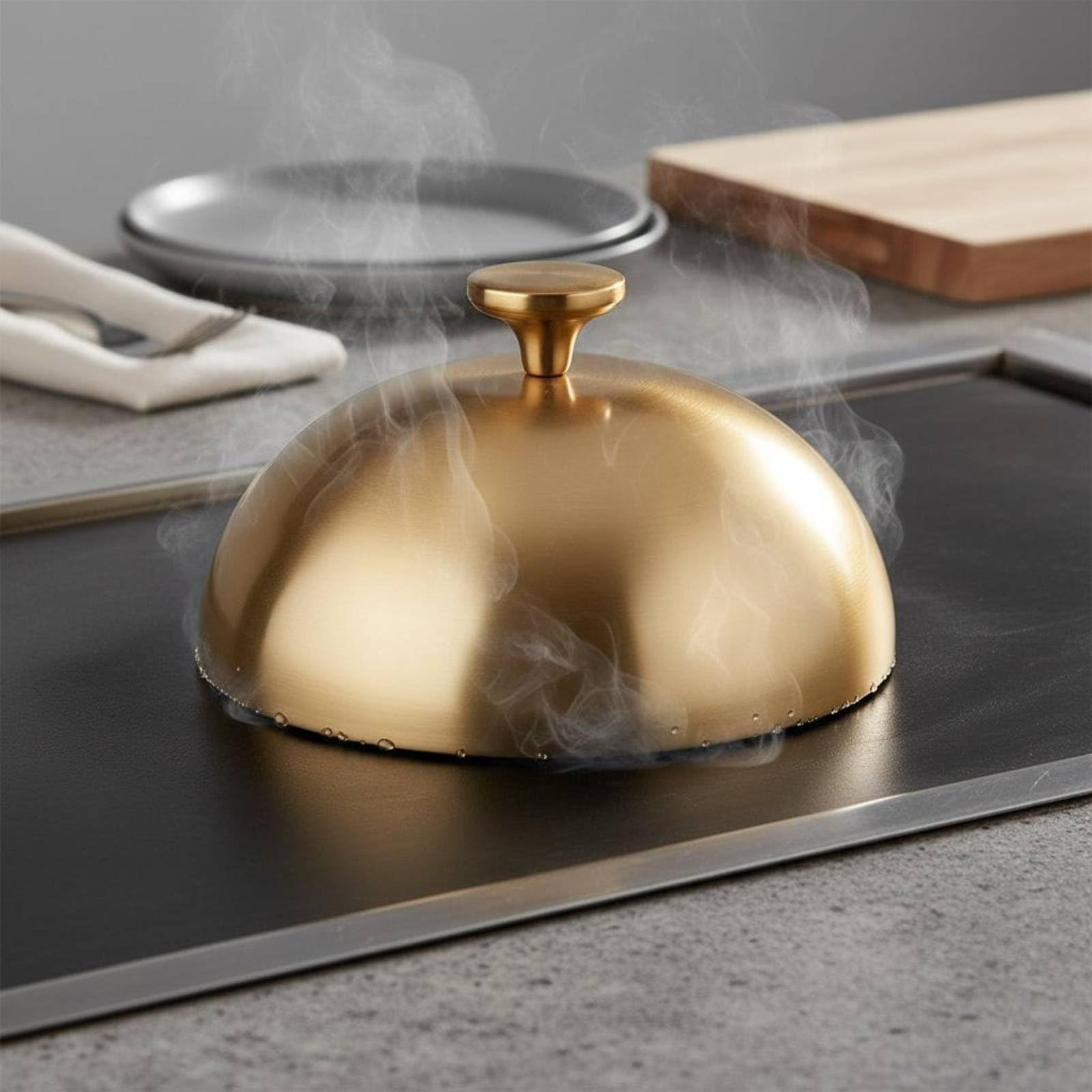Edelstahl Steakhaube gerollter Rand Speiseglocke leicht zu reinigen kreisförmige Servierhaube für Restaurant, Buffet, Gold, 30CM