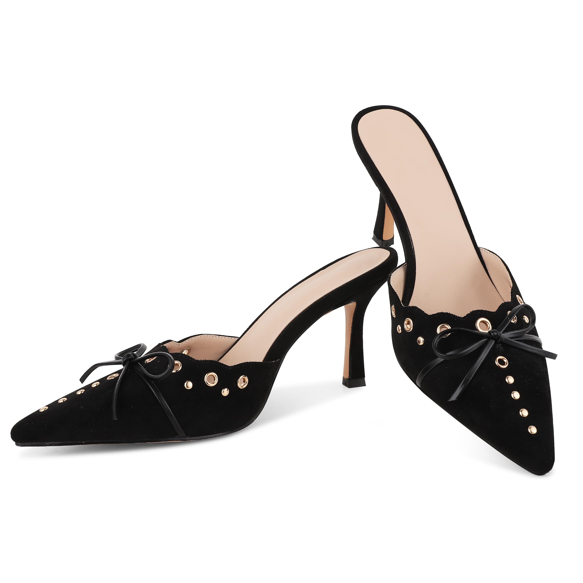 SaraIris Women's Black Mules Heels Pointed Toe Studded Slingback High Heel