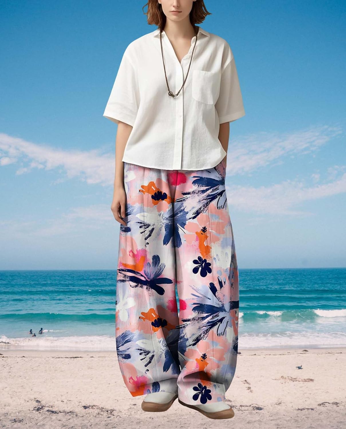 Womens Boho Floral Printed Pants Elastic Waist Wide Leg Casual Trousers Loose Fit Pant with Pockets for 2025 Summer - Image 3