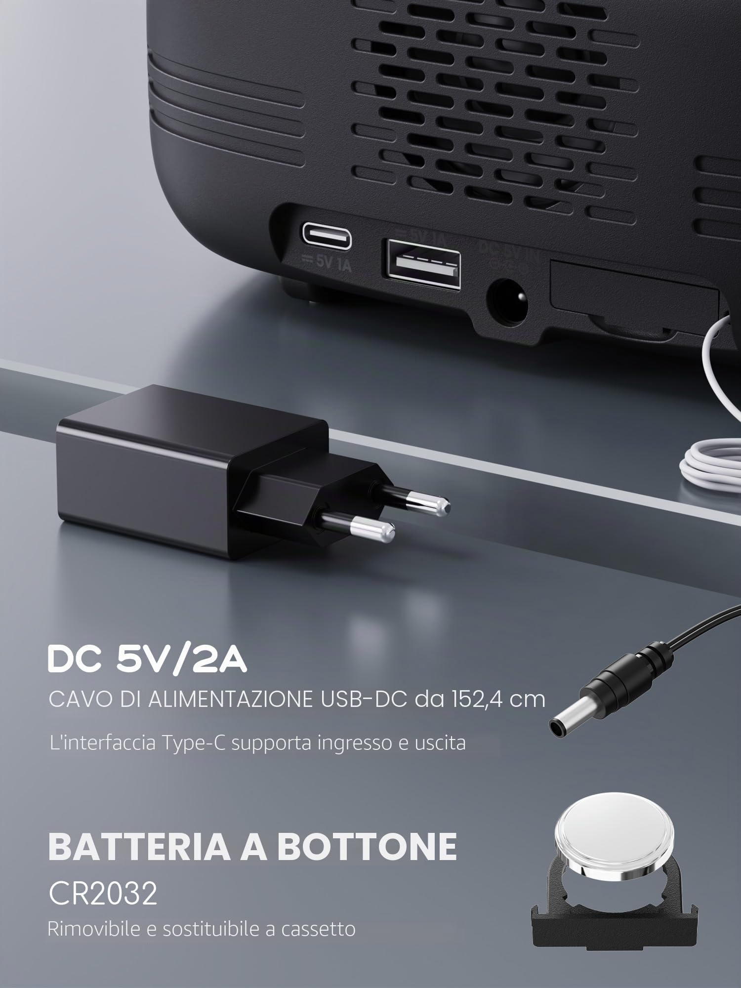ROCAM Sveglia Digitale da Comodino Radiosveglia Orologio Digitale da Tavolo Funzionamento a rete Dimmer Luce notturna USB Tipo-C DST Batteria di Backup Radio da Cucina