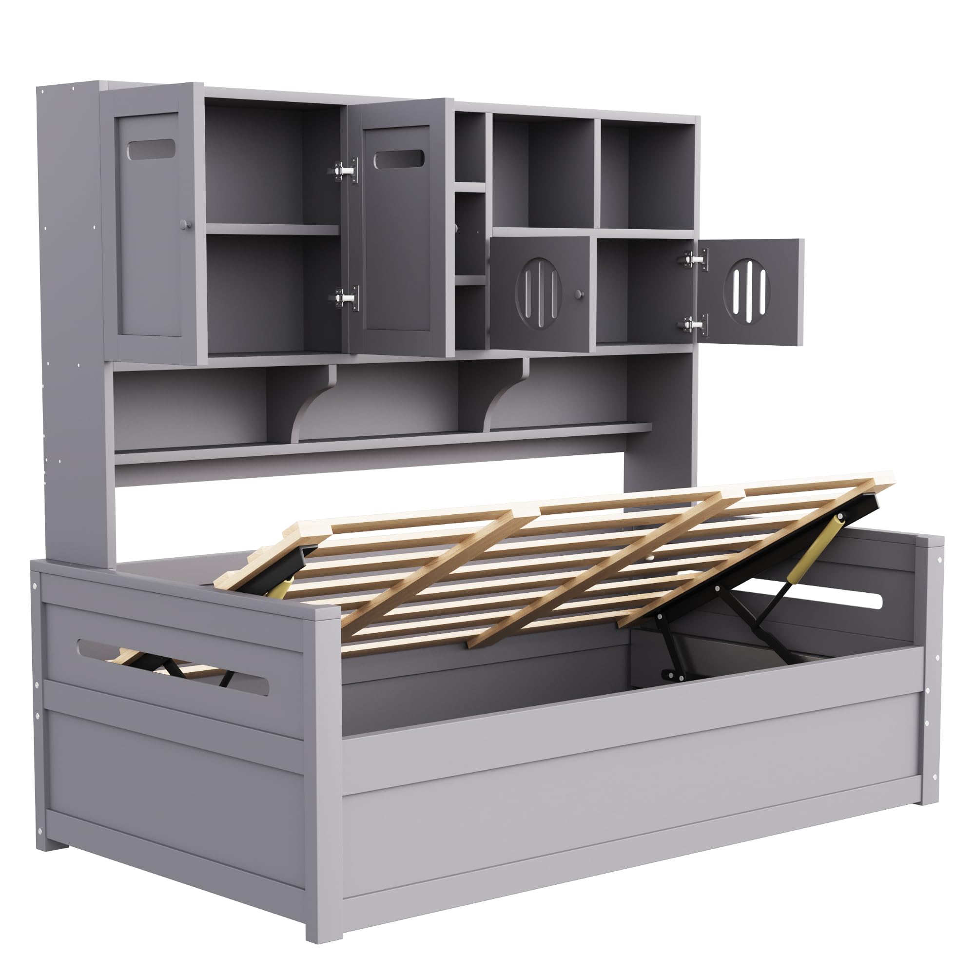 Drewniana sofa z funkcją spania z miejscem do przechowywania, 90 x 200 cm, łóżko hydrauliczne, drewno sosnowe, szara, łóżko pojedyncze, łóżko młodzieżowe, wielofunkcyjne