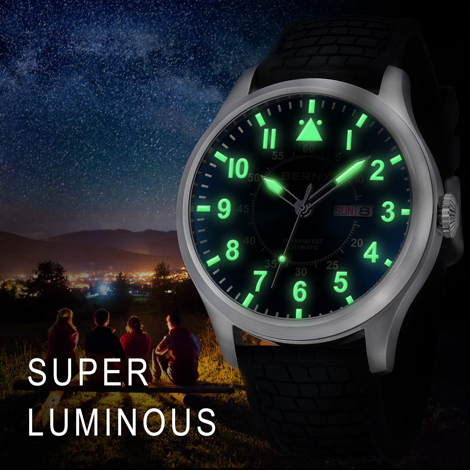 BERNY Herren Automatikuhr Übergroß Superleuchtend Mechanisches Armbanduhr 20ATM Wasserdicht Pilotenuhr Saphirglas Fliegeruhr