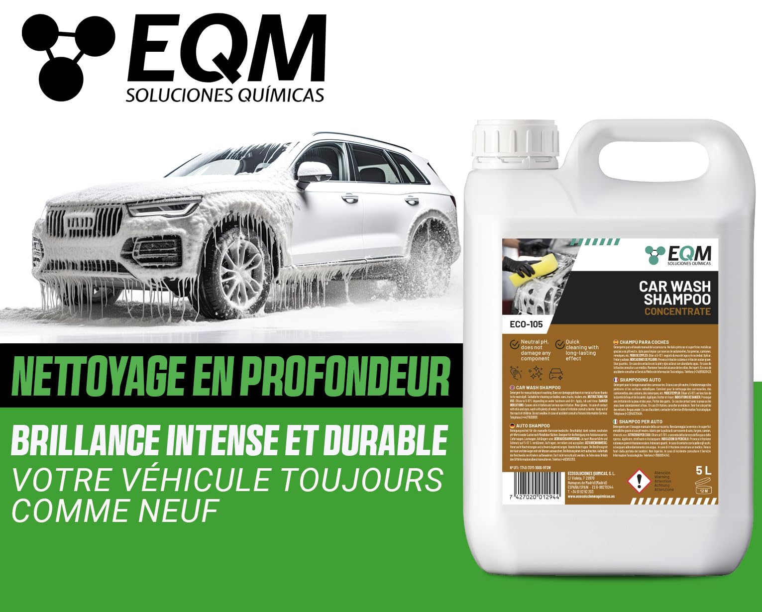 EQM - ECO-105 - Shampooing Concentré pour Voiture - 5L - Plus de 250 lavages - Nettoyage rapid et protection de peinture automobile grâce à son pH neutre