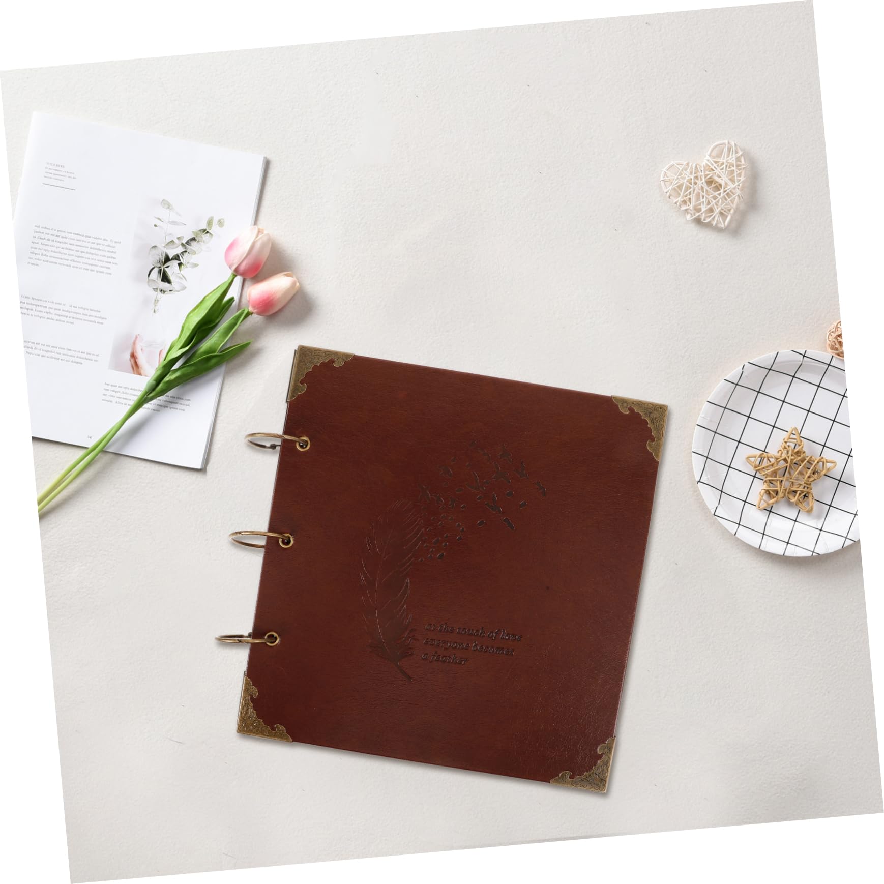 ULTECHNOVO Álbum de Fotos Diy de PU Scrapbook Retro con Anillas Album de Recuerdos Personalizable para Marrón Pluma