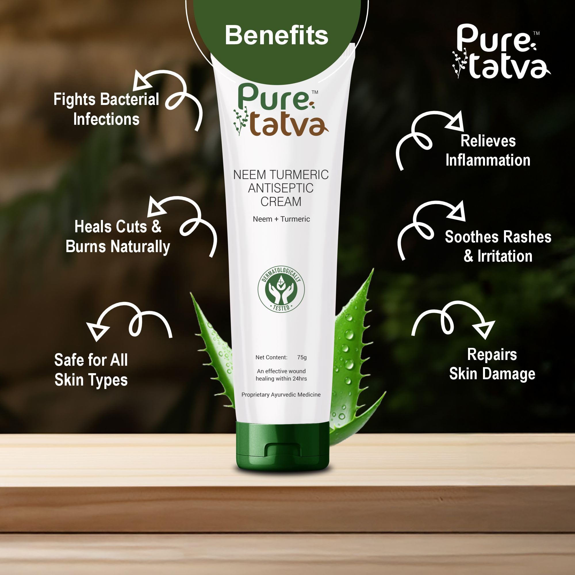 Pure Tatva Neem Turmeric Antiseptic Cream | Natural Wound Healing Cream with Aloe Vera | For Cuts, Burns, Rashes & Skin Irritation | Dermatologically Tested | Silicone, Paraben & Alcohol Free – 75g — Amazon image 3
