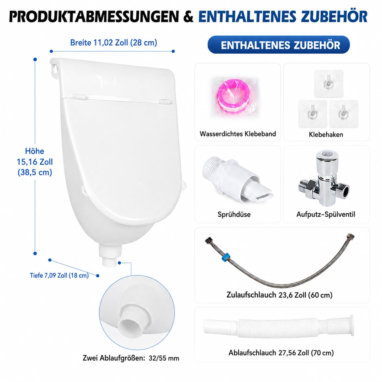Orinatoio con coperchio, orinatoio da parete senza acqua, da uomo, senza foratura, in plastica resistente agli spruzzi, con valvola di scarico e tubo di scarico, inodore, per camper, campeggio