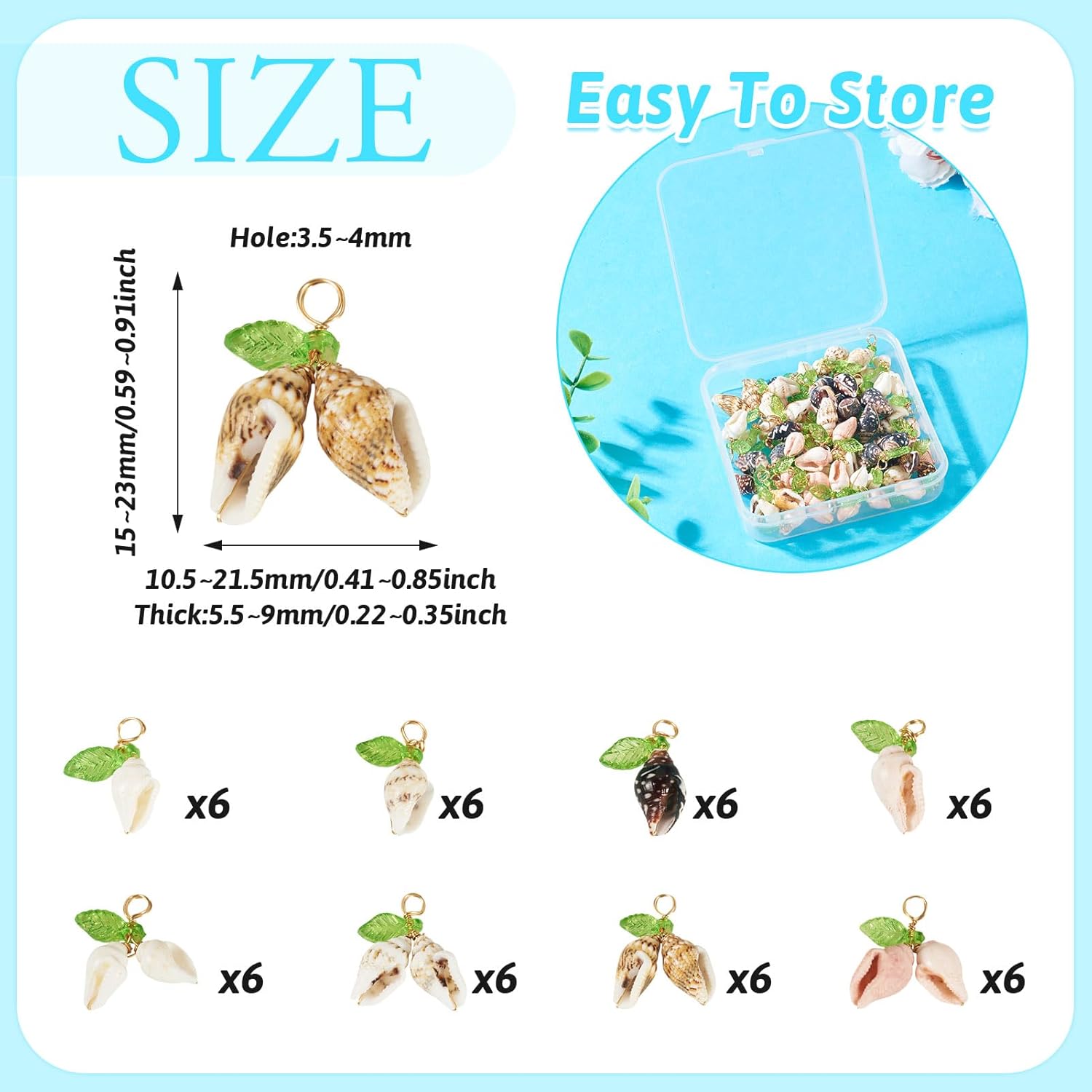 Pandahall 48Pcs Green Acrylic Leaf Beads Charms with Natural Shell Pendants 8 Styles Sea Shells Dangle for Jewelry Making DIY Crafts Earring Bracelet Necklace - Image 4