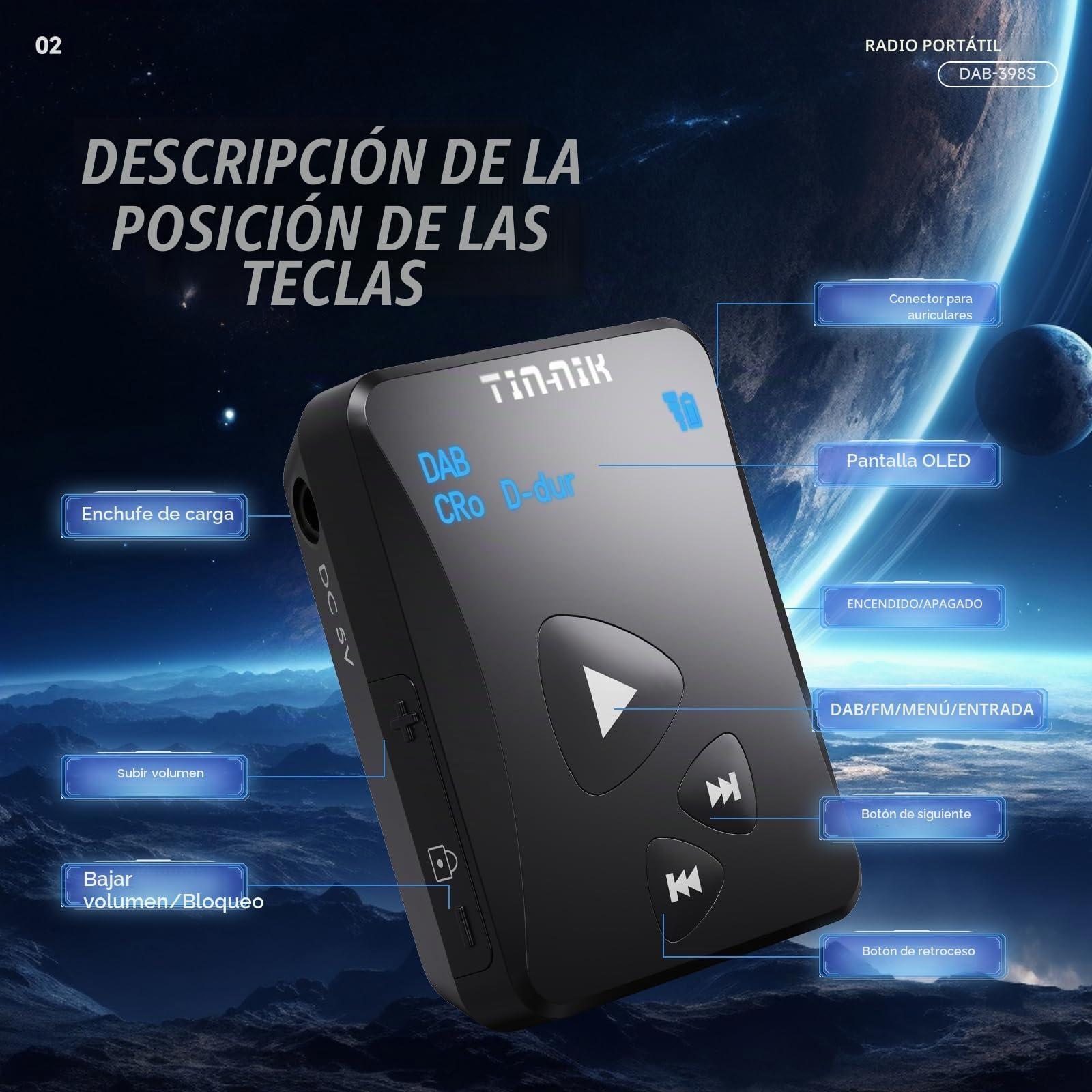 Tin-Nik DAB-398S Radio Personal portátil Dab/Dab+/FM,Mini Radio de Bolsillo Digital FM RDS con batería Recargable,Pantalla OLED para Hacer Deporte,Correr,Caminar,Marcha rápida o Montar en Bicicleta