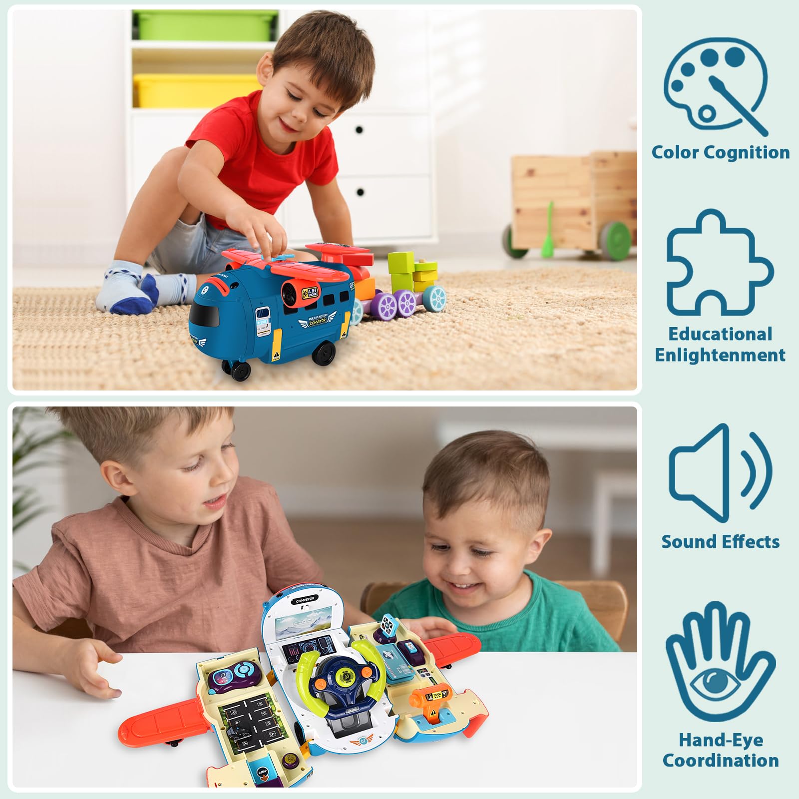 JONRRYIN Vliegtuigspeelgoedauto, set vanaf 3 jaar, 3-in-1 stuurwiel voor kinderen met licht, geluiden spaarvarken, vliegtuigspeelgoed, cadeaus voor jongens van 2 tot 6 jaar, blauw