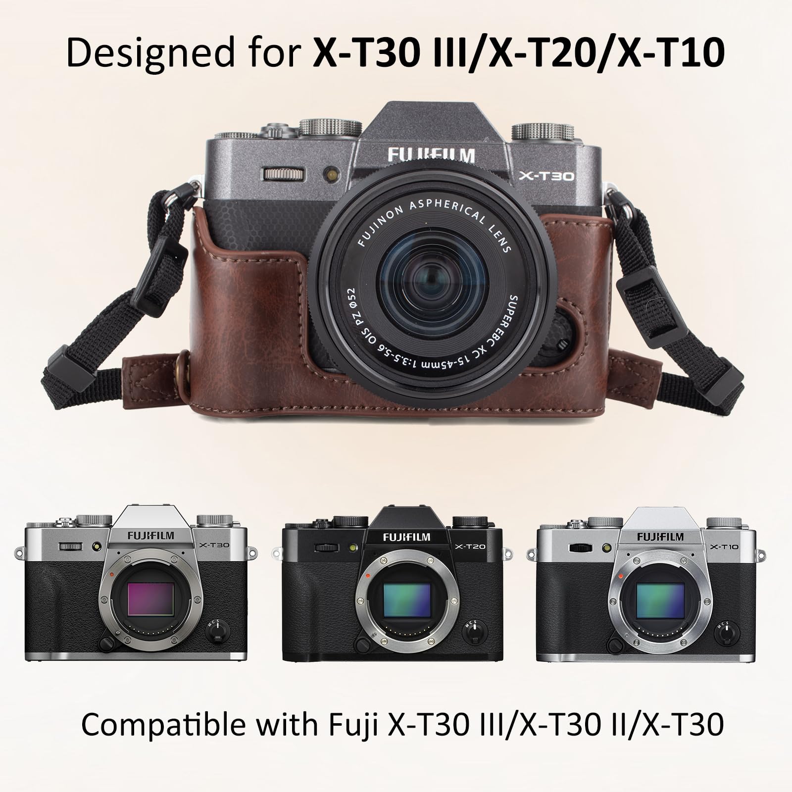 kinokoo Housse pour Fujifilm XT10 T20 XT30 XT30 II XT30 III, étui de Protection en Cuir PU Fuji X-T30 III X-T30 II X-T30 X-T20 X-T10 avec Objectif 16-50 mm et 18-55 mm - avec bandoulière - Café