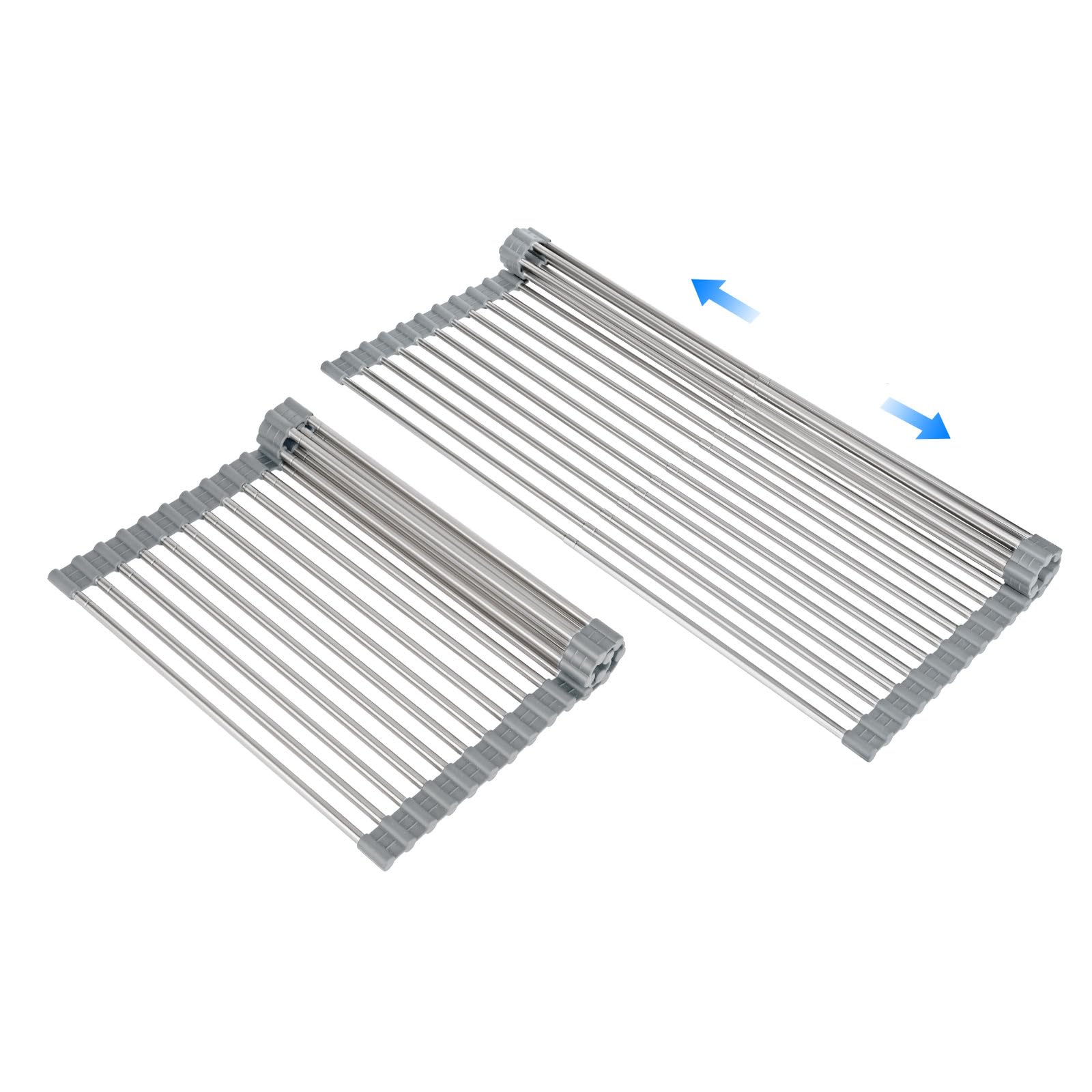 Large Expandable Roll Up Dish Drying Rack, Heat-Resistant Dish Drainer for Stainless Steel Sinks, Over The Sink Non-Slip Silicone Rollable Dish Drainer Roll Rack 18 tube