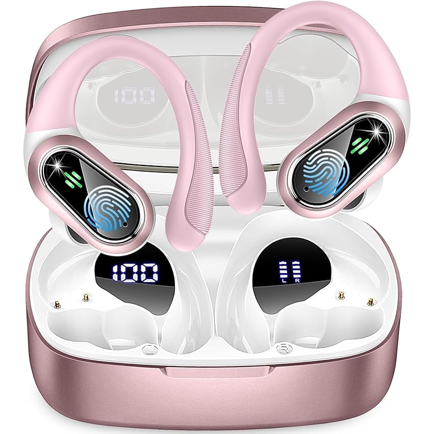 Cuffie Bluetooth Sport, Auricolari Bluetooth 5.3 Wireless con 4 ENC Cancellazione Rumore Mic, 50 Ore HiFi Stereo Cuffie Wireless, IP7 Impermeabile, Cuffiette Bluetooth con LED Display, USB-C, Rosa