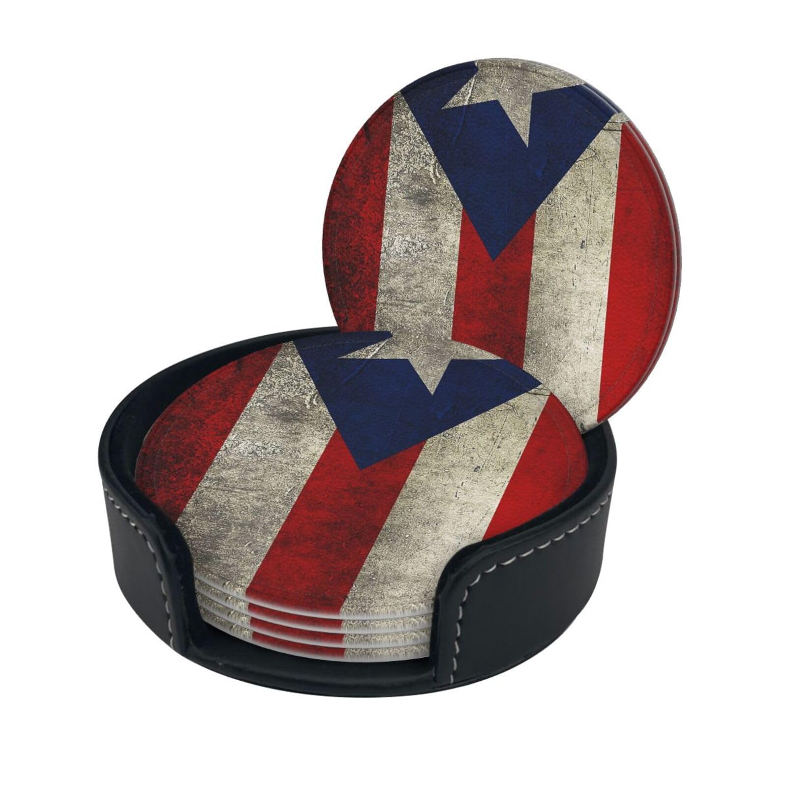 Puerto Rico Flag Drink Coasters Set of 6 with Holder Decorative Round Cup Coasters for Coffee Table Kitchen Office Bar