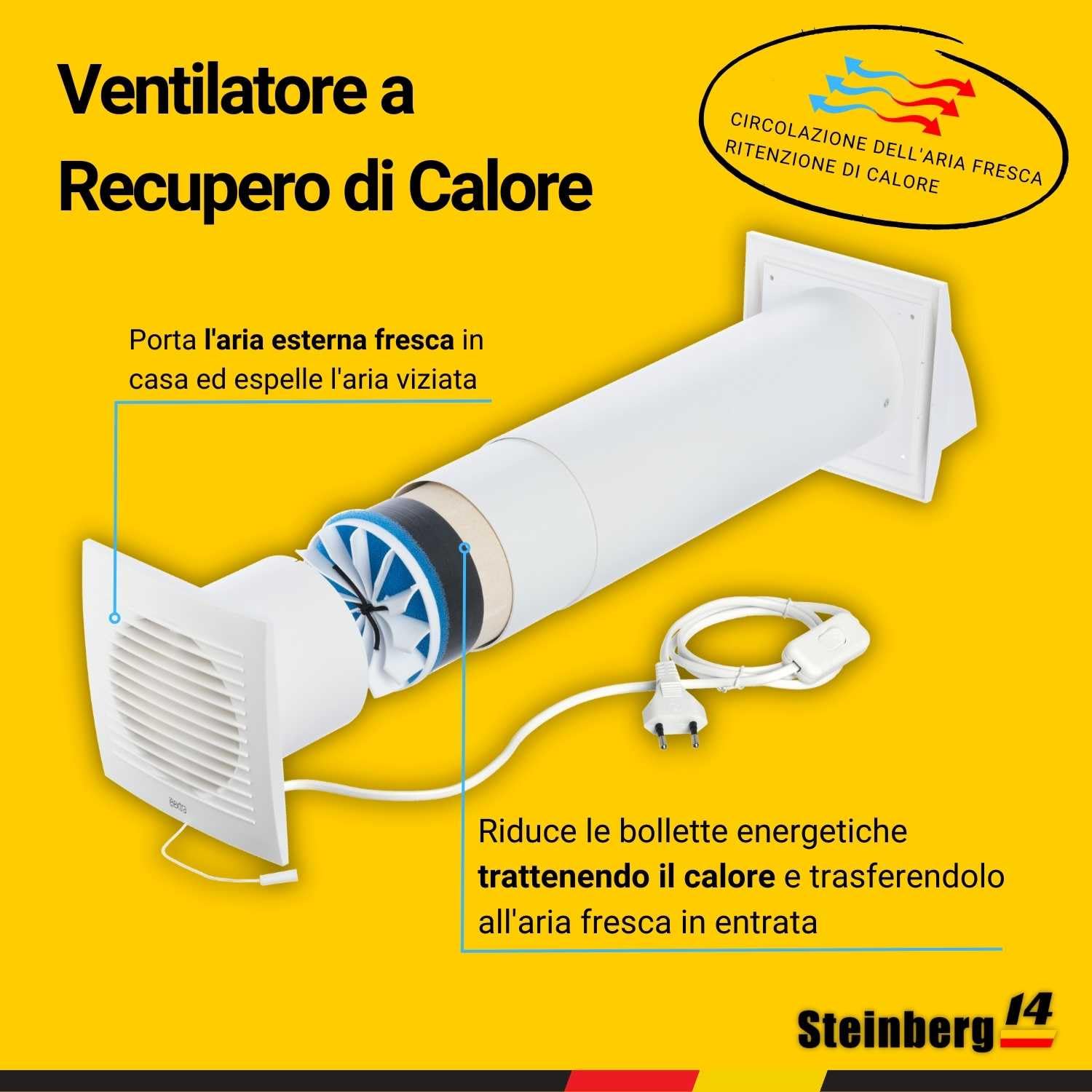Steinberg14 Unità di VMC Decentralizzata 100 mm - Bianco Recuperatore di Calore con Cavo - VMC Doppio Flusso Recupero Calore - Scambiatore Aria a Parete