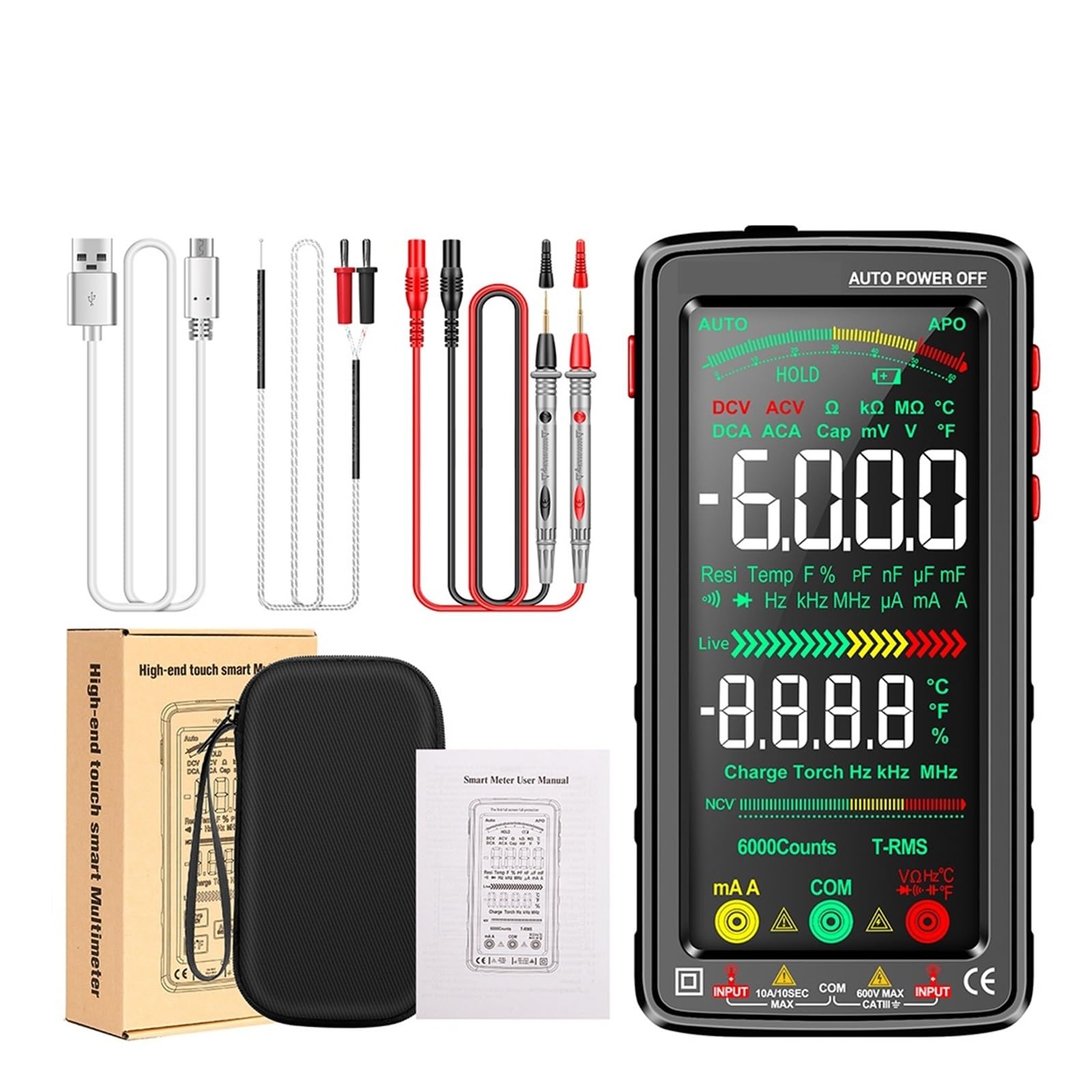 Multimetr Cyfrowy 6000 Zlicza Inteligentny Miernik Przeciwpożarowy Tester NCV 5-calowa Podświetlana Latarka LCD(682 Black)