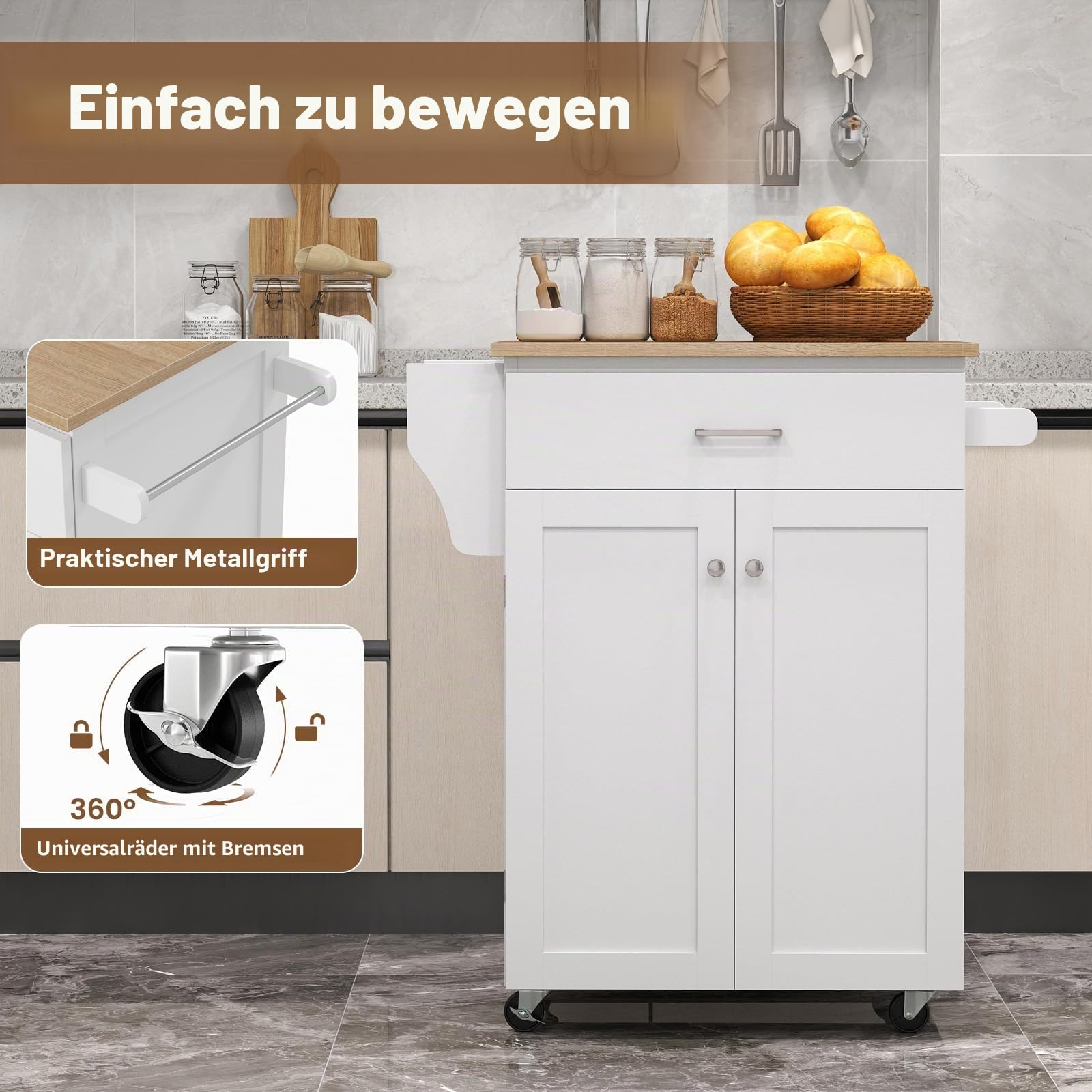 KOMFOTTEU Servierwagen mit Rollen, Gewürzregal & Handtuchhalter, Küchenwagen mit Schublade & verstellbarem Regal, Küchenschrank für Esszimmer, 83 x 48 x 91 cm, Weiß