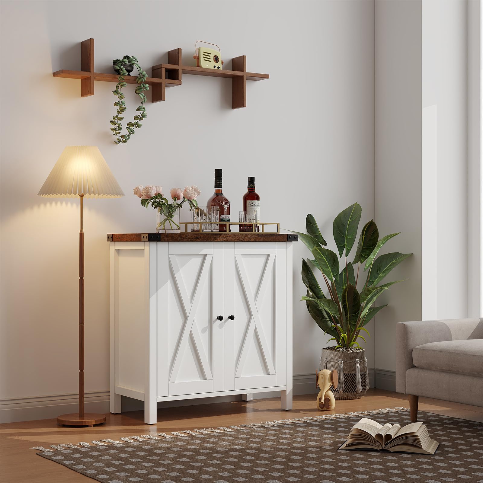 Aparador de Madera Maciza - Armario de 2 Niveles con Puerta - Tablero de 3 cm de Grosor - para Comedor, Salón, Recibidor - 76×40×80 cm - Marrón y Blanco