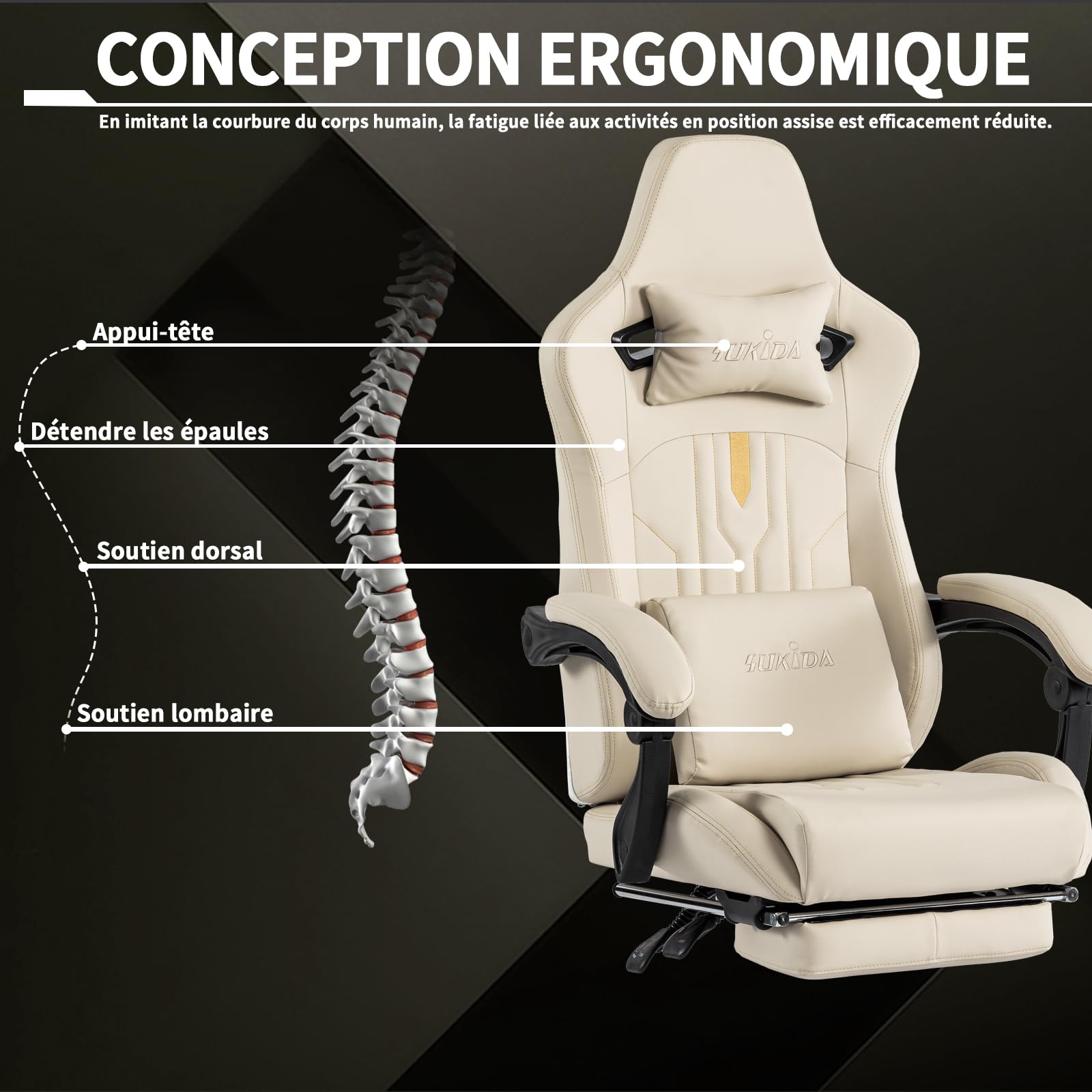 SUKIDA Chaise de gaming ergonomique avec repose-pieds - Chaise de bureau ergonomique avec support lombaire - Beige