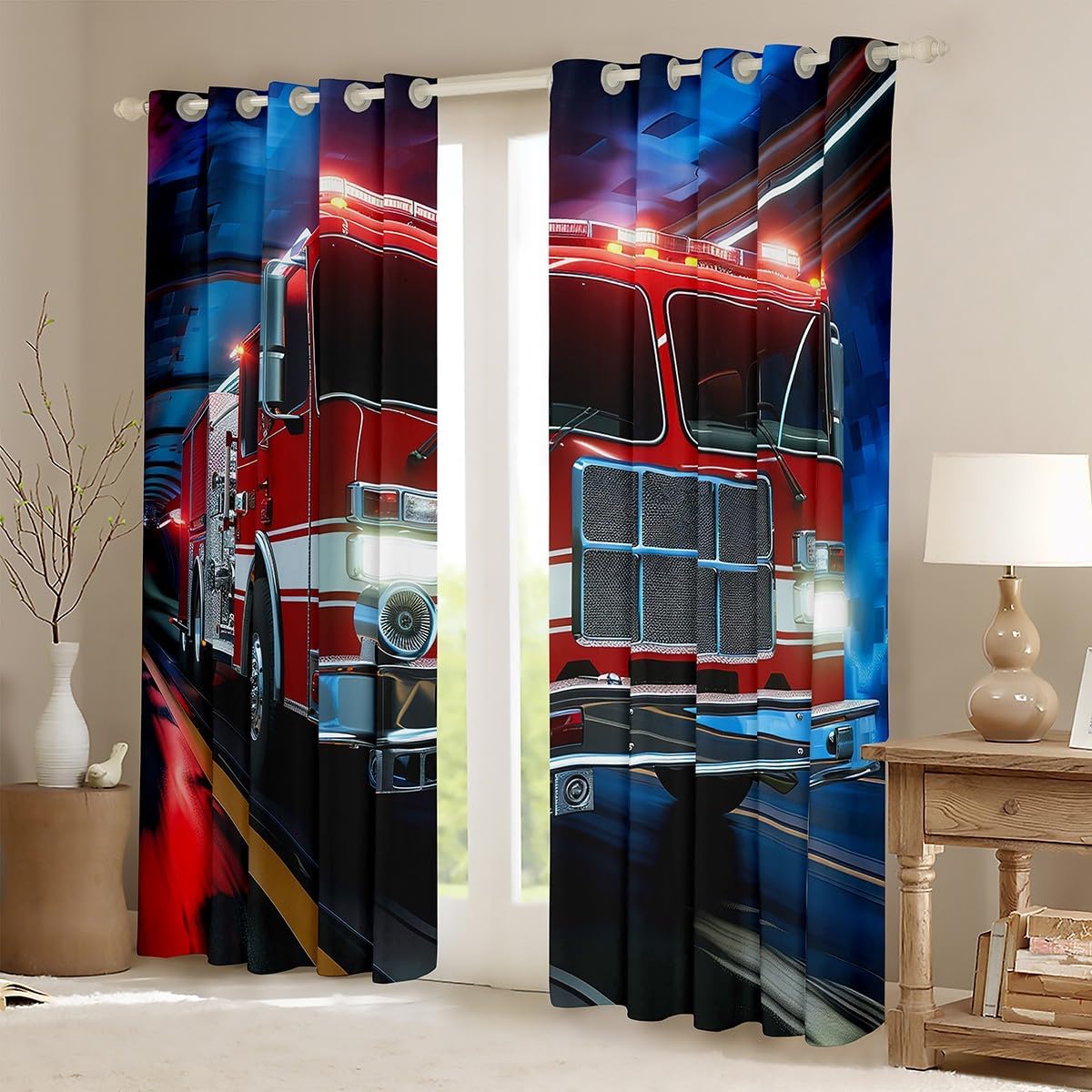 Fire Truck Window Curtains,Firefighter Car Curtain,Firemen Engine Vehicle Window Drapes for Kid Teens Boys Young Man,Modern Bedroom Decorative,3D Red Fire Truck Curtain,84Wx84L