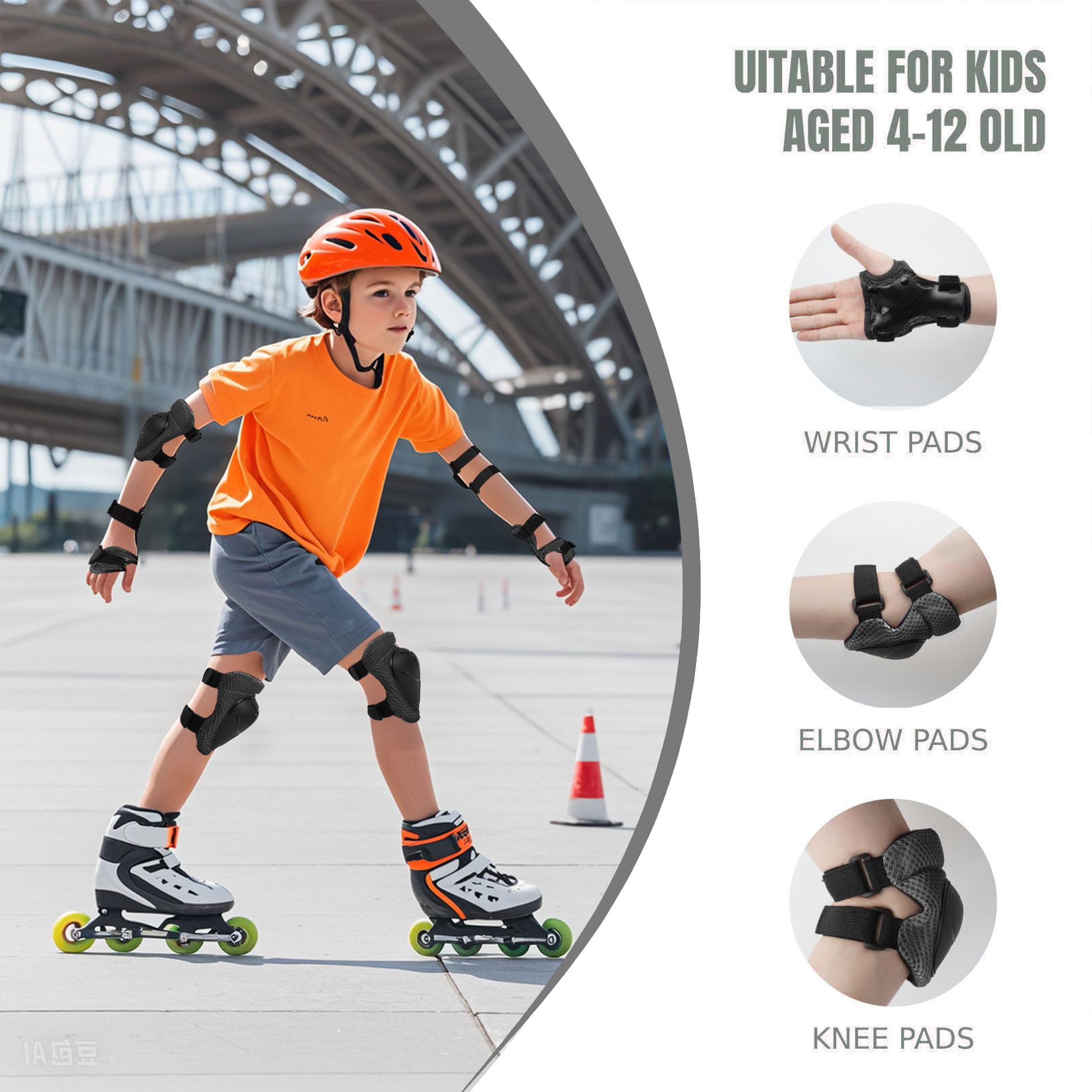GEQID Kids Knee Pads Elbow Pads Wrist Guards Set ,Protective Gear for 4-6-12 Boys Girls Roller Skating Scooter Skateboarding Bike (Black, Free Size (4-12 Years or 40-80lbs))