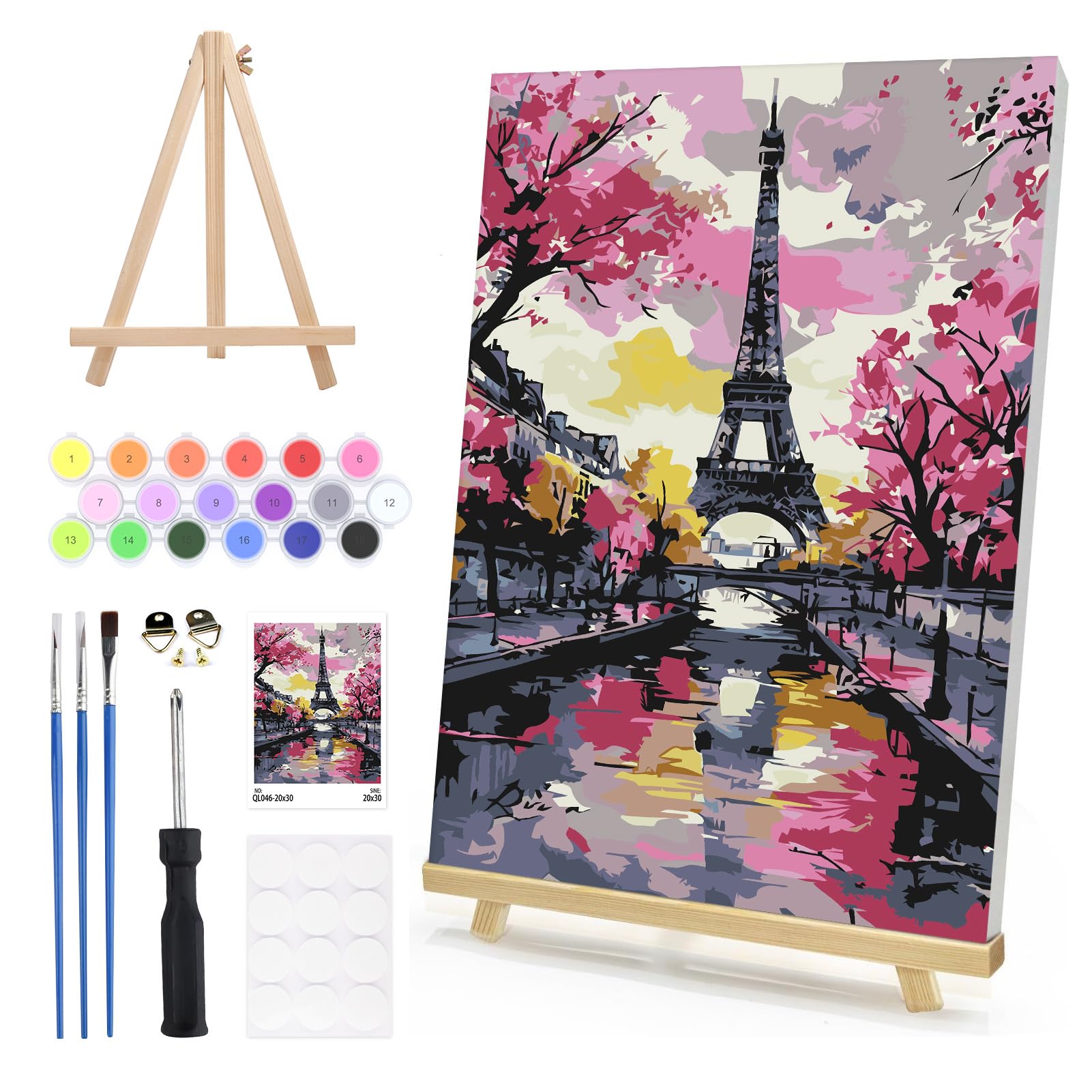 DAERLE Paint by Numbers for Adults Framed with Wooden Easel, Eiffel Tower Landscape, Paint by Number Kits with Brushes, Cherry Blossoms, Oil Painting Canvas Kits for Home Wall Decor 8X12 Inch