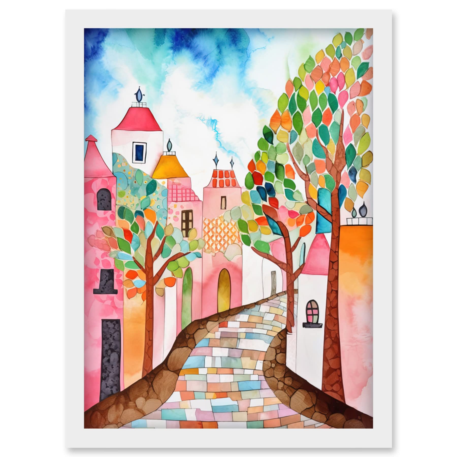 Artery8 Cobblestone Street In Spring Folk Art Artwork Framed Wall Art Print A4