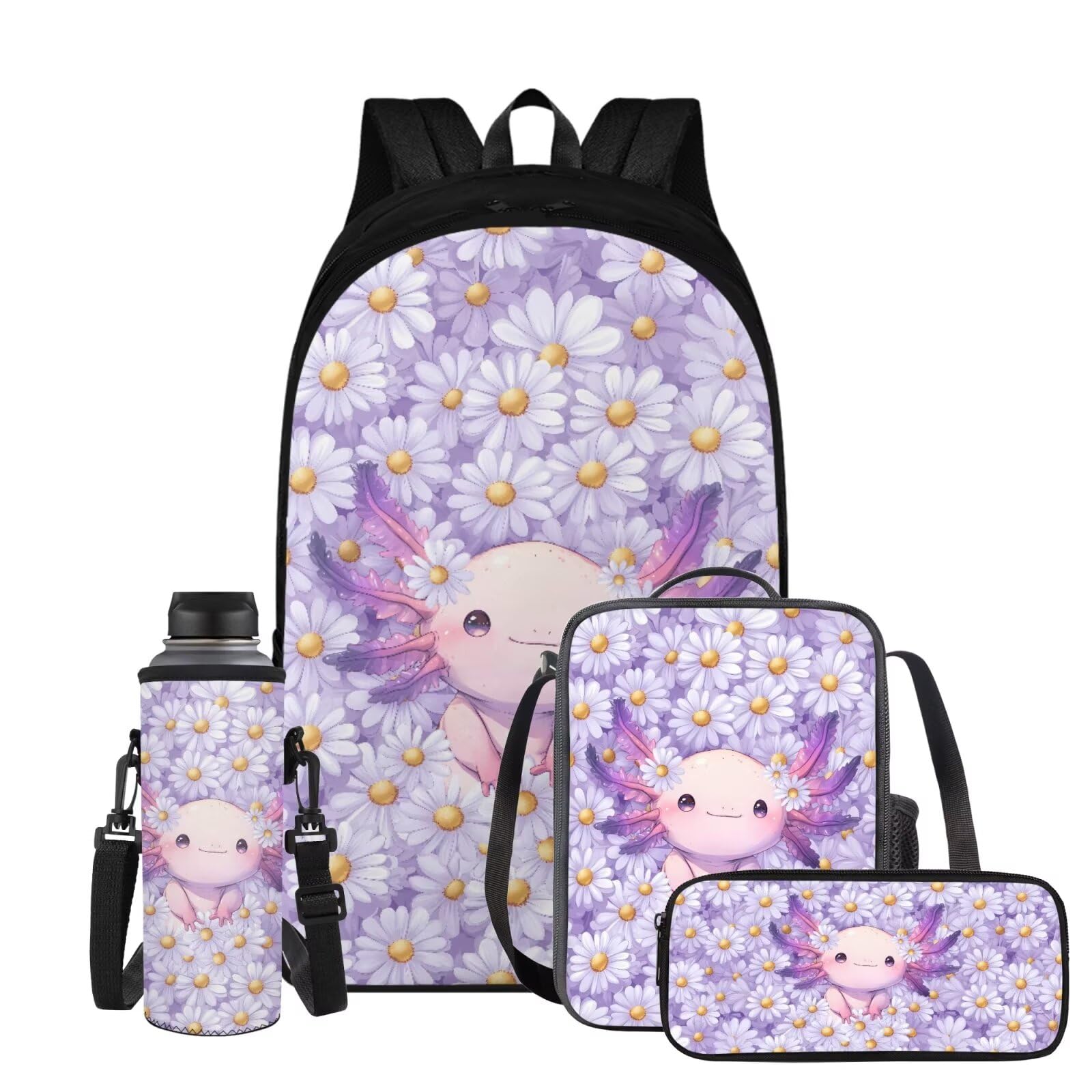 Wiryuouvt Daisy Axolotl Backpacks for School Girls 3rd Grade with Lunch Box Water Bottle Sleeve Pencil Case 4 In 1 Elementary School Bag Set Boys Kids