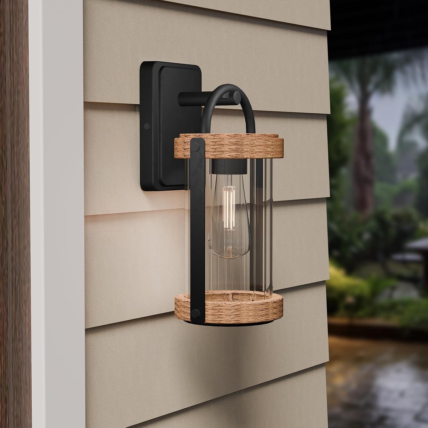 Outdoor Wall Sconce, 2 Pack Dusk To Dawn Outdoor Wall Lights, Waterproof Porch Lanterns Decorative, Anti-Rust Exterior Light In Wood Grain Finish & Black Finish For House Patio Garage Entryway Doorway